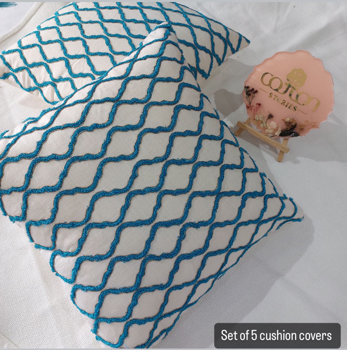 Blue Threads with Zardosi touch - Set of 5 Embroidered  Cushion Covers