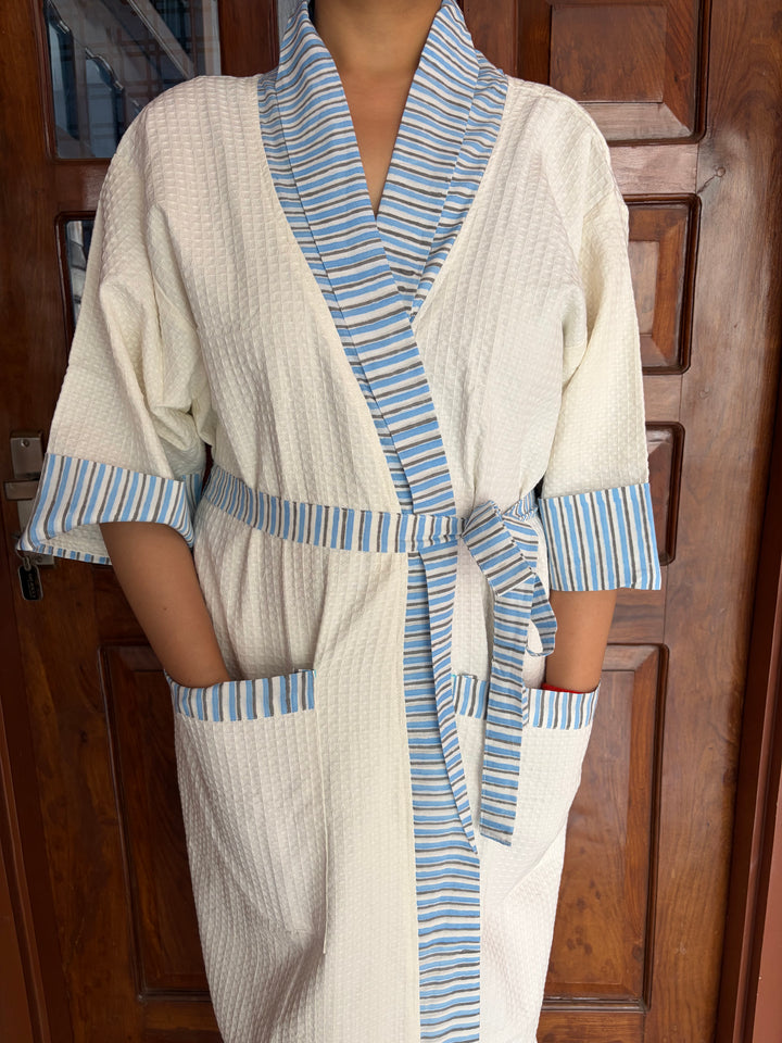 White with Stripes Border- Waffle cotton women Bathrobe