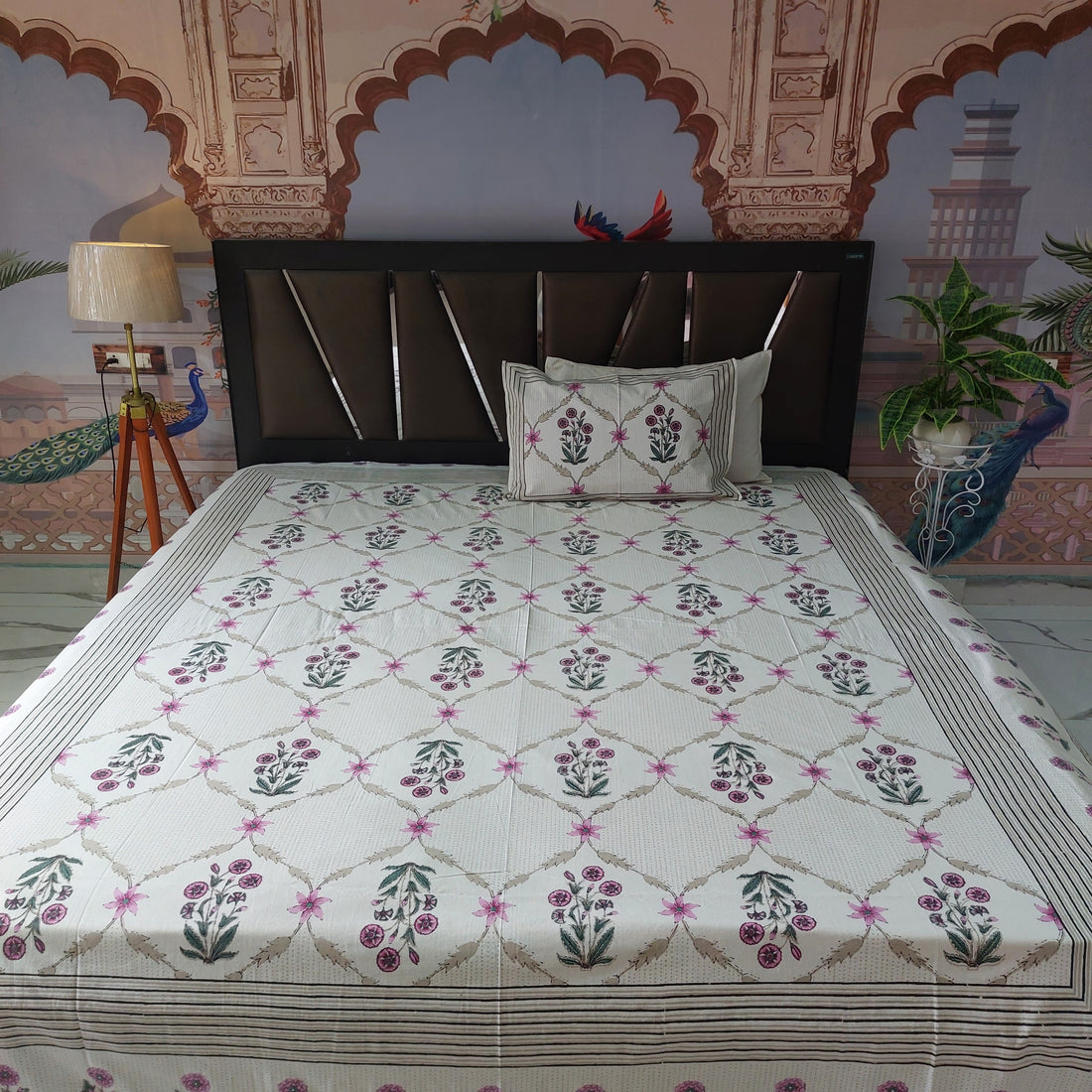 Geo Pink Flora - 100% Cotton Handblock screen print Bedsheet Set