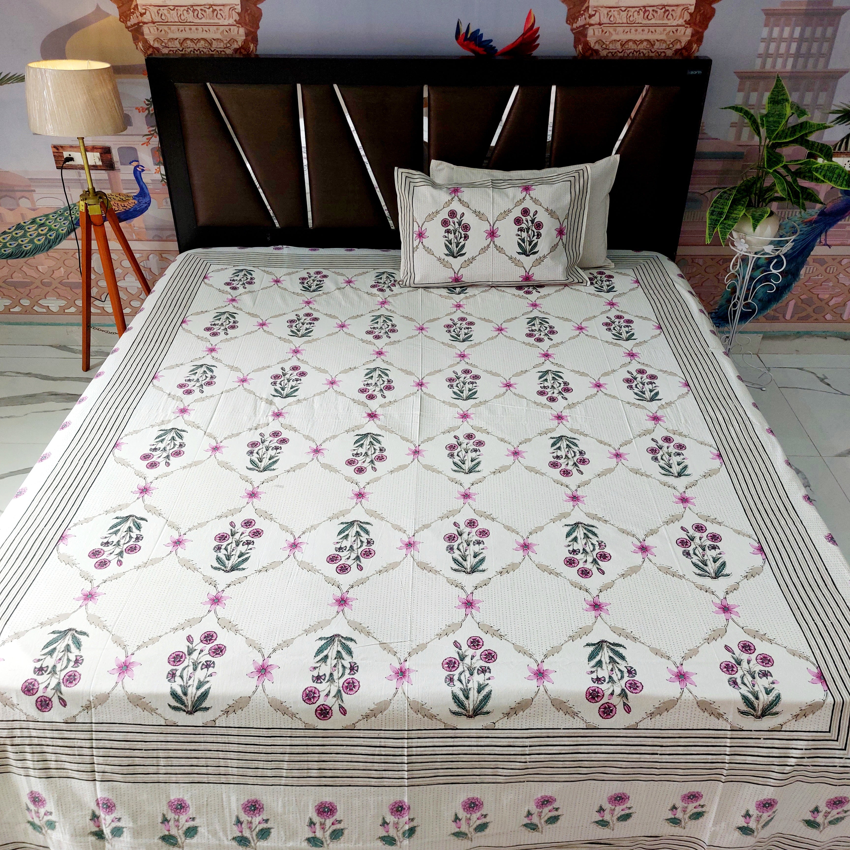 Geo Pink Flora - 100% Cotton Handblock screen print Bedsheet Set