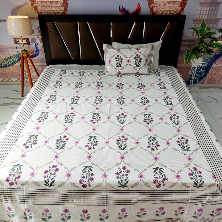 Geo Pink Flora - 100% Cotton Handblock screen print Bedsheet Set