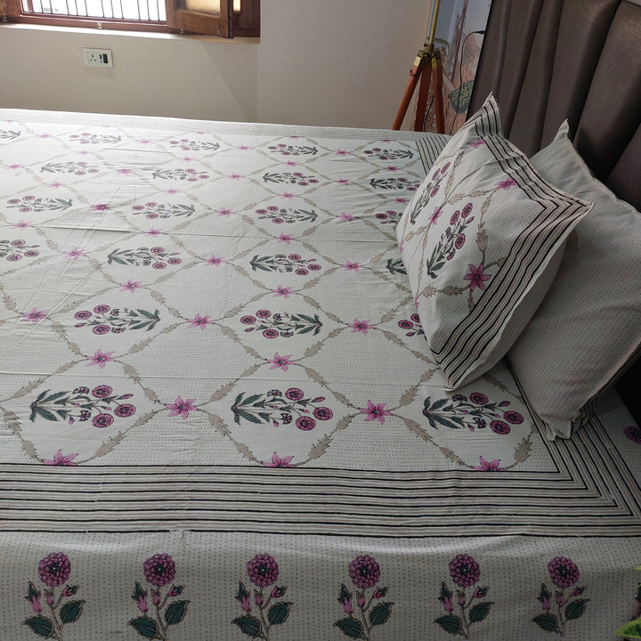 Geo Pink Flora - 100% Cotton Handblock screen print Bedsheet Set
