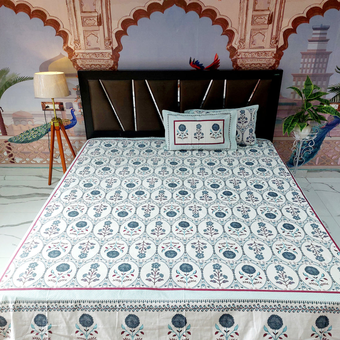 Grey Motifs- 100% Pure Cotton Handblock screen print Bedsheet Set