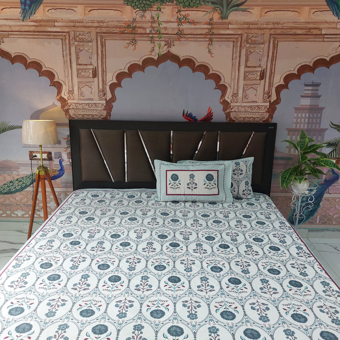 Grey Motifs- 100% Pure Cotton Handblock screen print Bedsheet Set