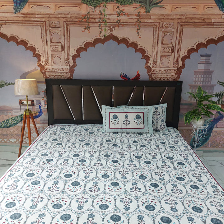 Grey Motifs- 100% Pure Cotton Handblock screen print Bedsheet Set