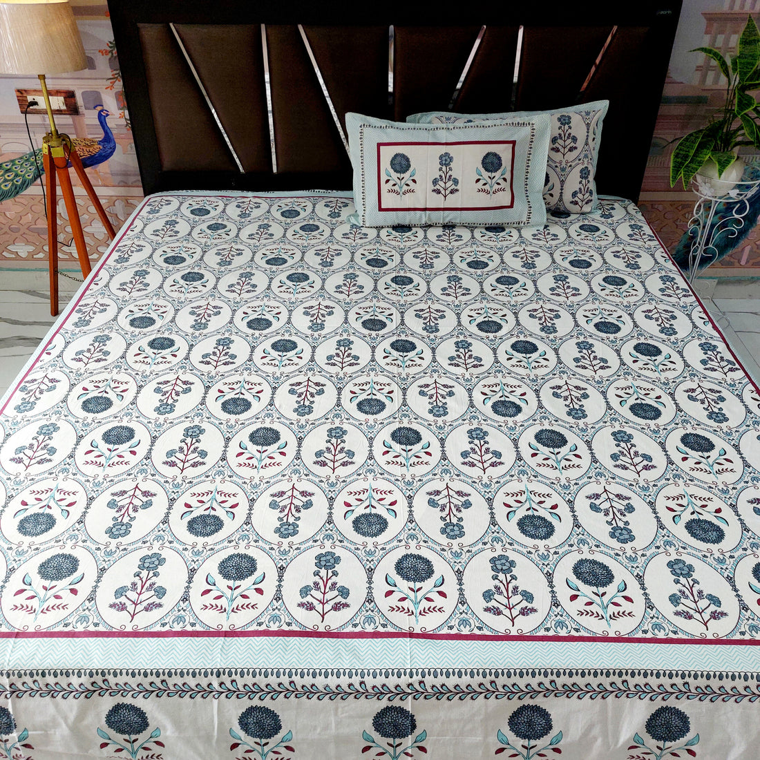 Grey Motifs- 100% Pure Cotton Handblock screen print Bedsheet Set