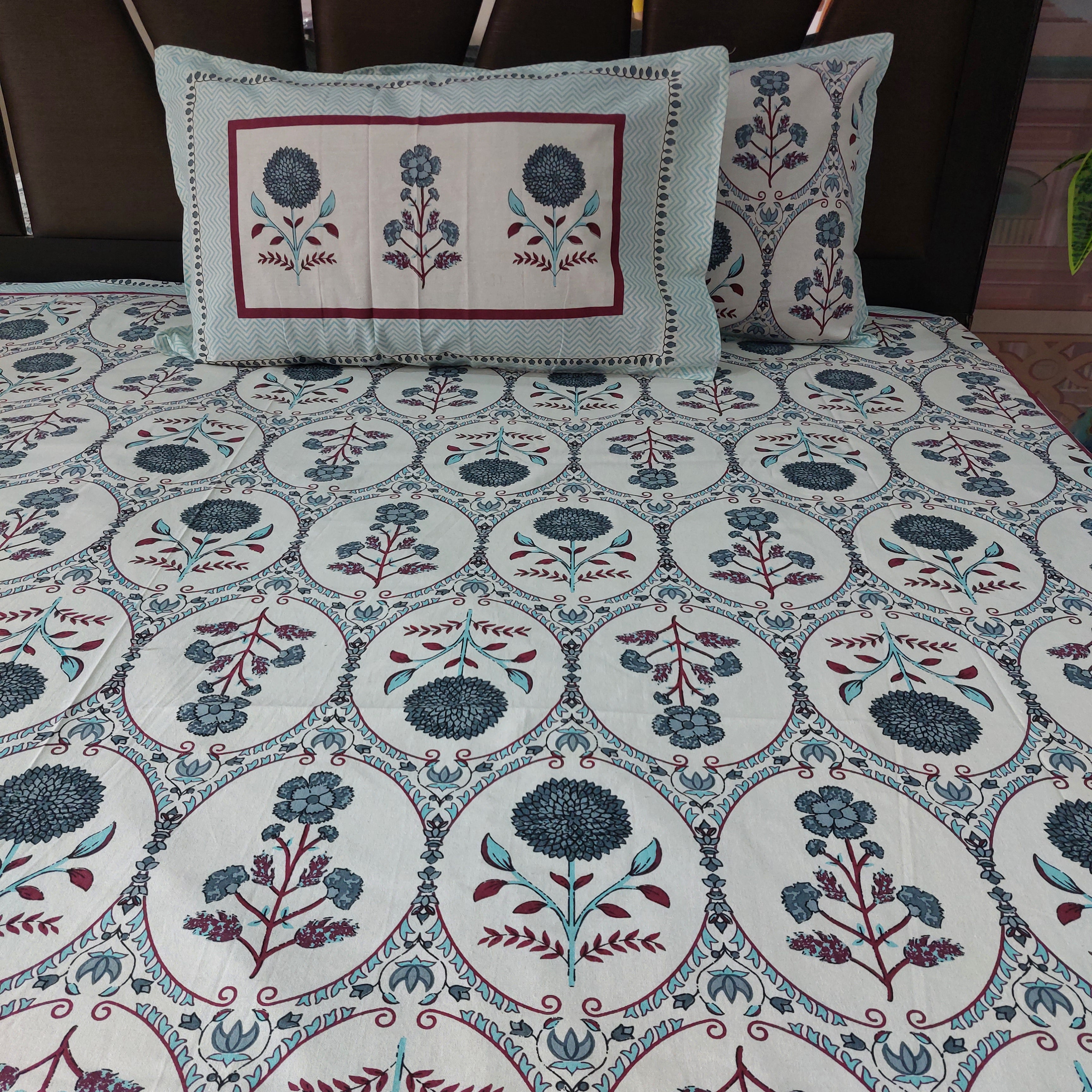 Grey Motifs- 100% Pure Cotton Handblock screen print Bedsheet Set