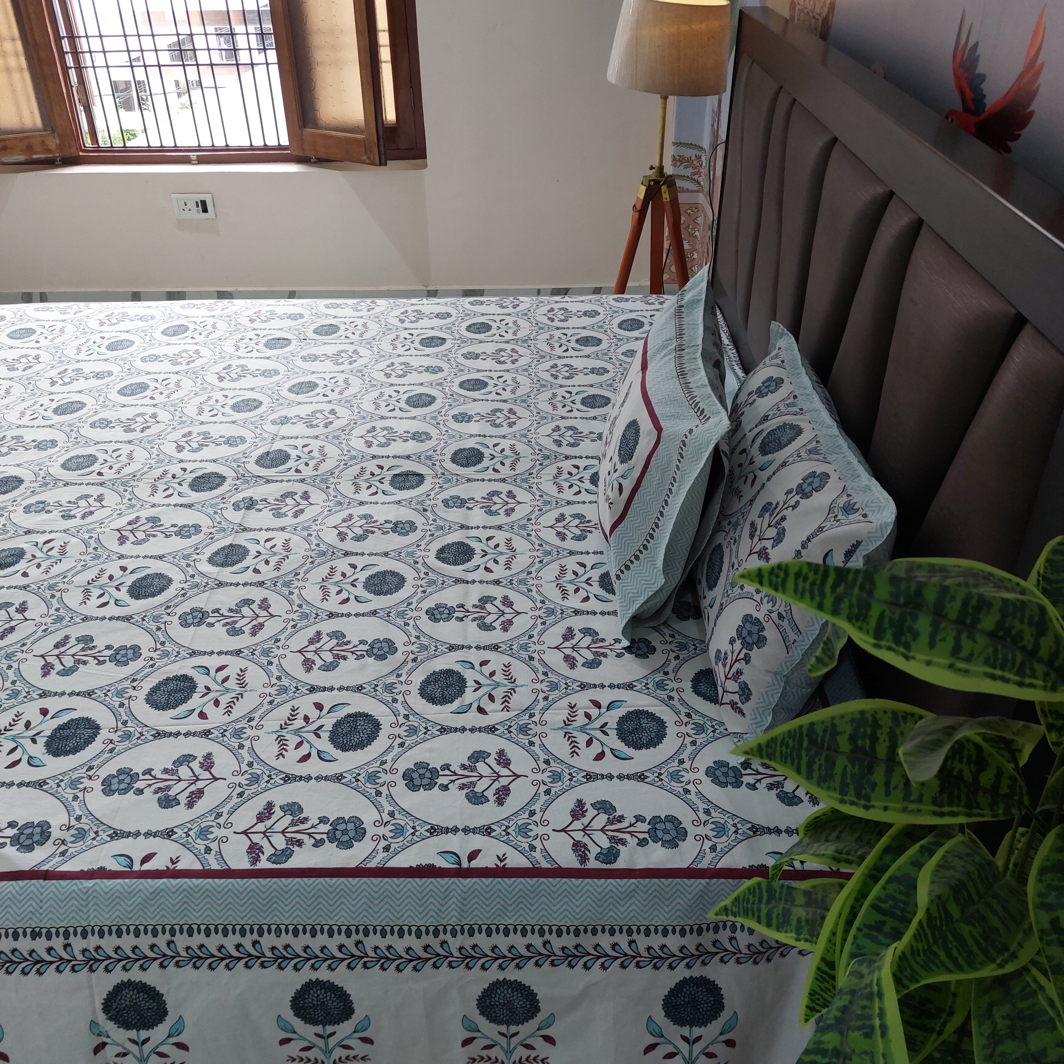 Grey Motifs- 100% Pure Cotton Handblock screen print Bedsheet Set