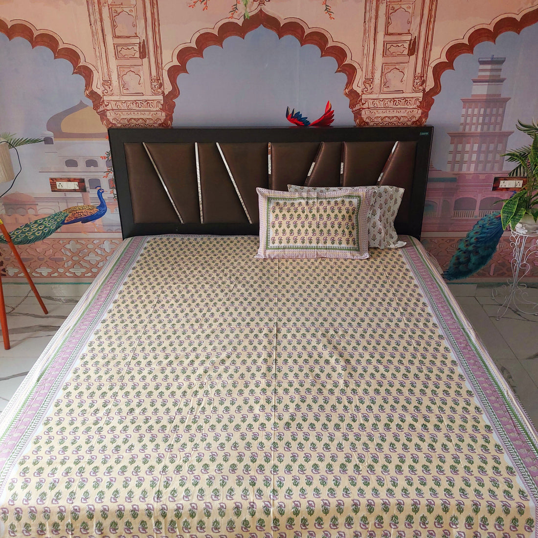 Mini Pink Flowers- 100% Cotton Handblock screen print Bedsheet Set