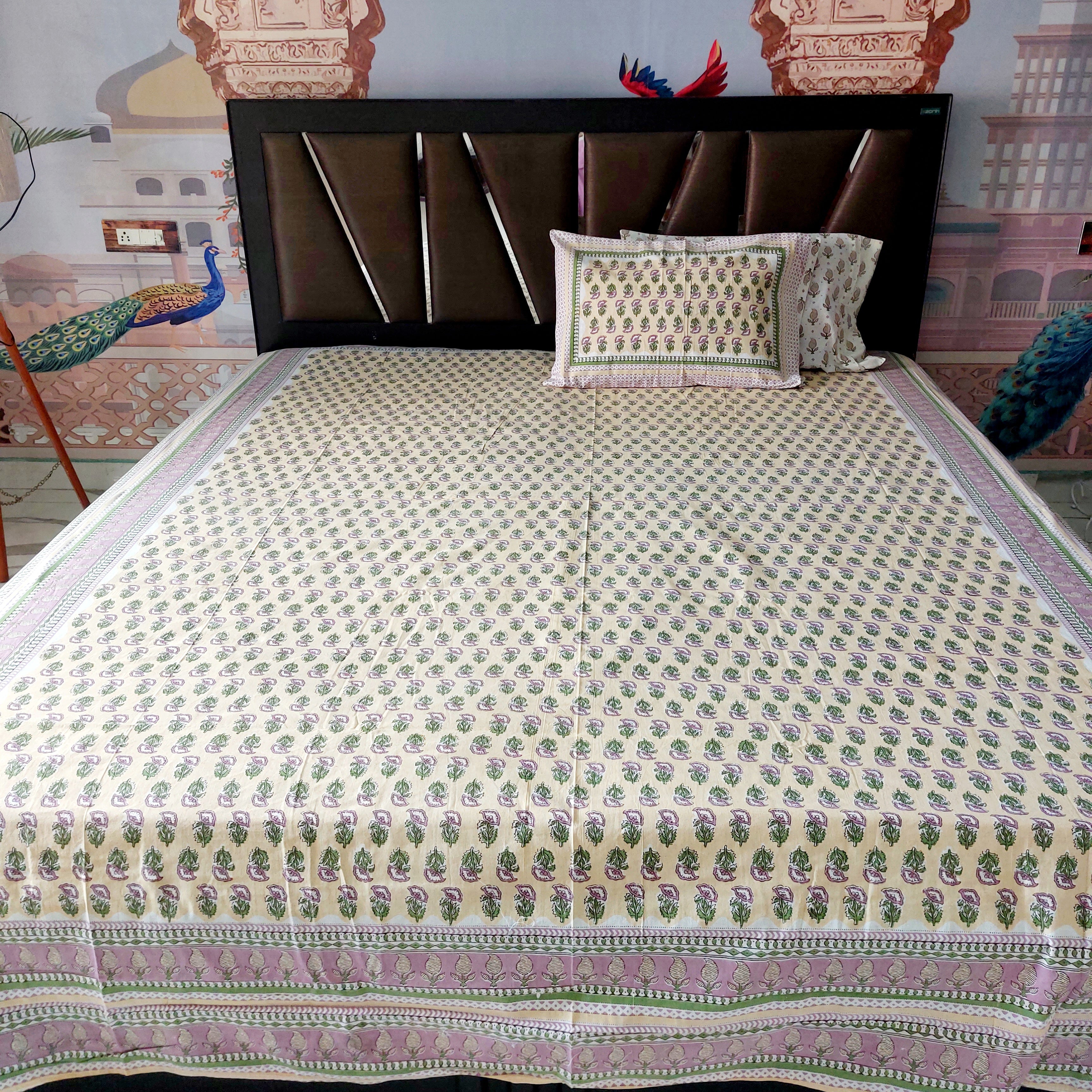 Mini Pink Flowers- 100% Cotton Handblock screen print Bedsheet Set