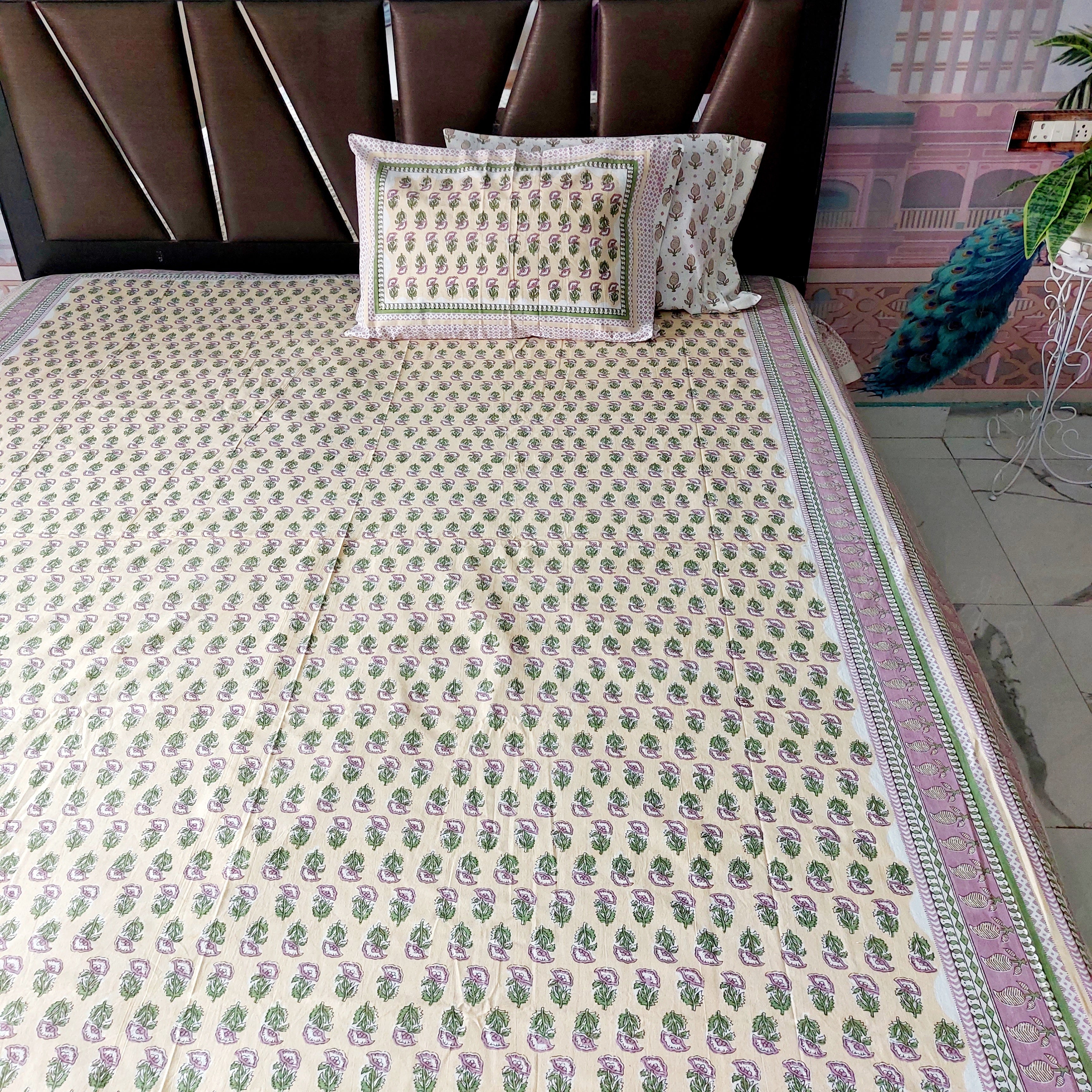 Mini Pink Flowers- 100% Cotton Handblock screen print Bedsheet Set