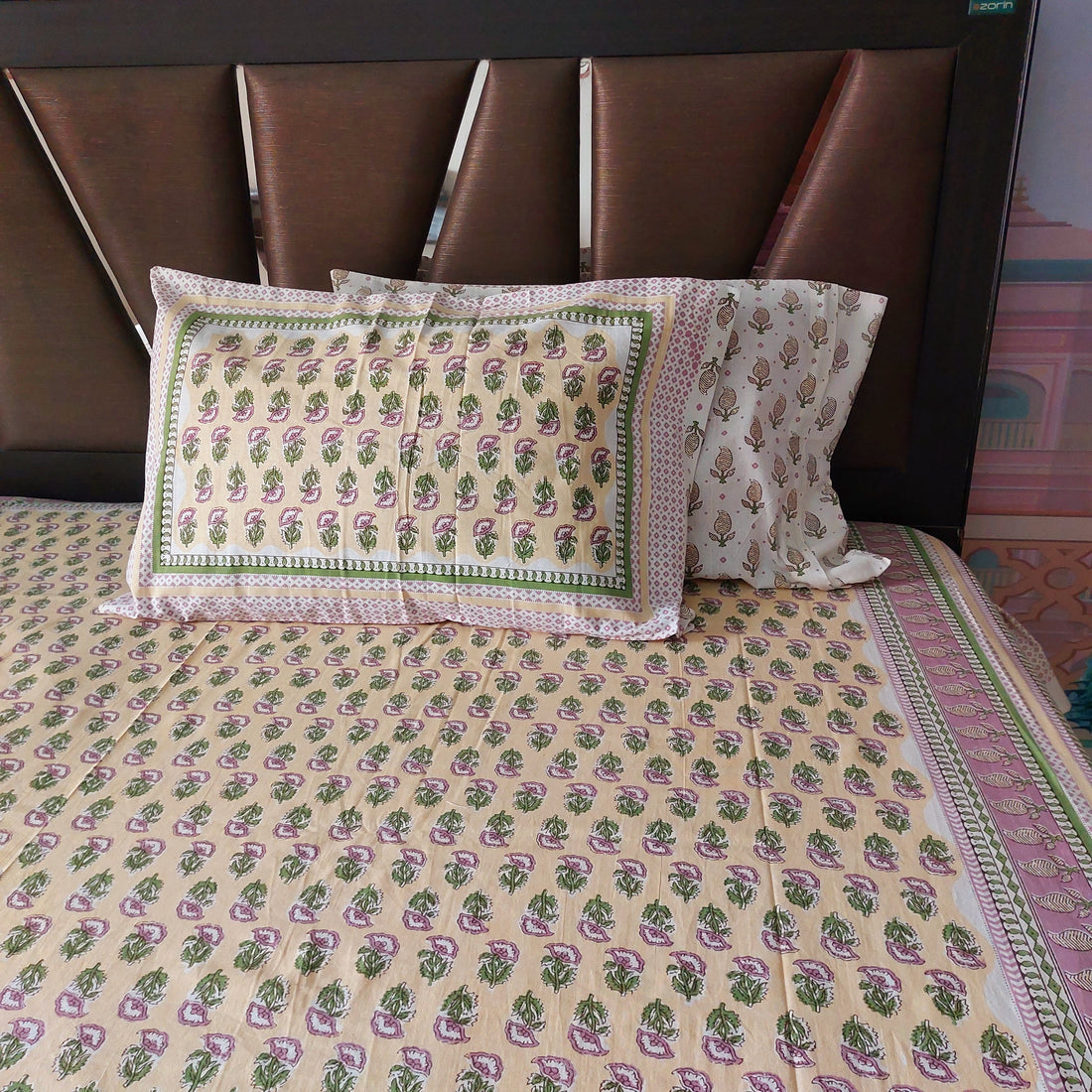 Mini Pink Flowers- 100% Cotton Handblock screen print Bedsheet Set