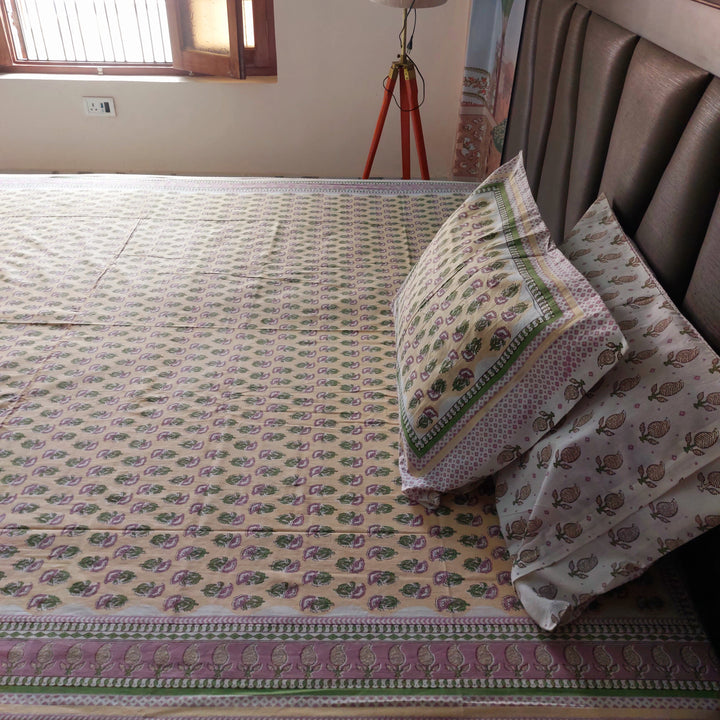 Mini Pink Flowers- 100% Cotton Handblock screen print Bedsheet Set