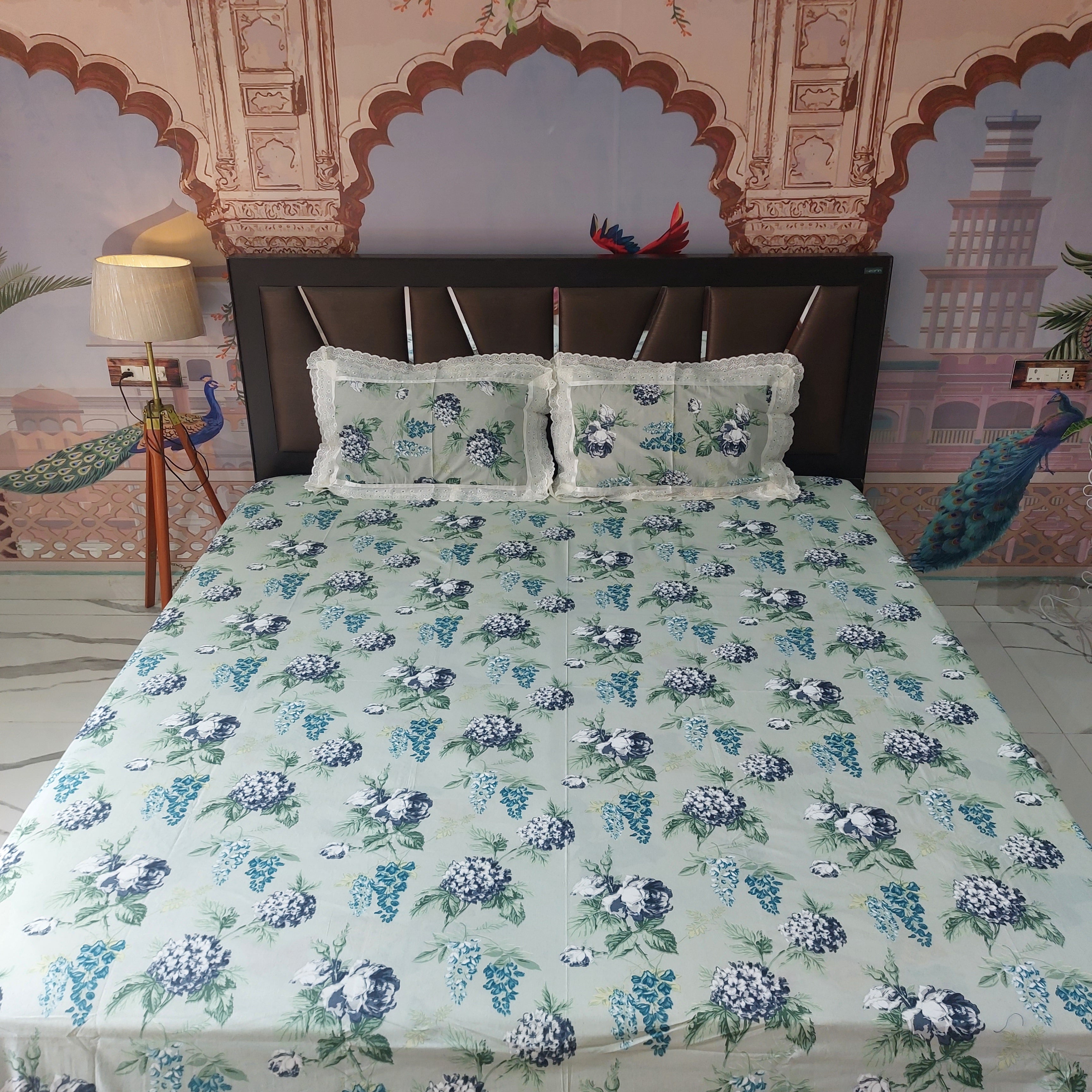 Blue Bouquet - Lace Designed Pure Cotton Bedsheet Set