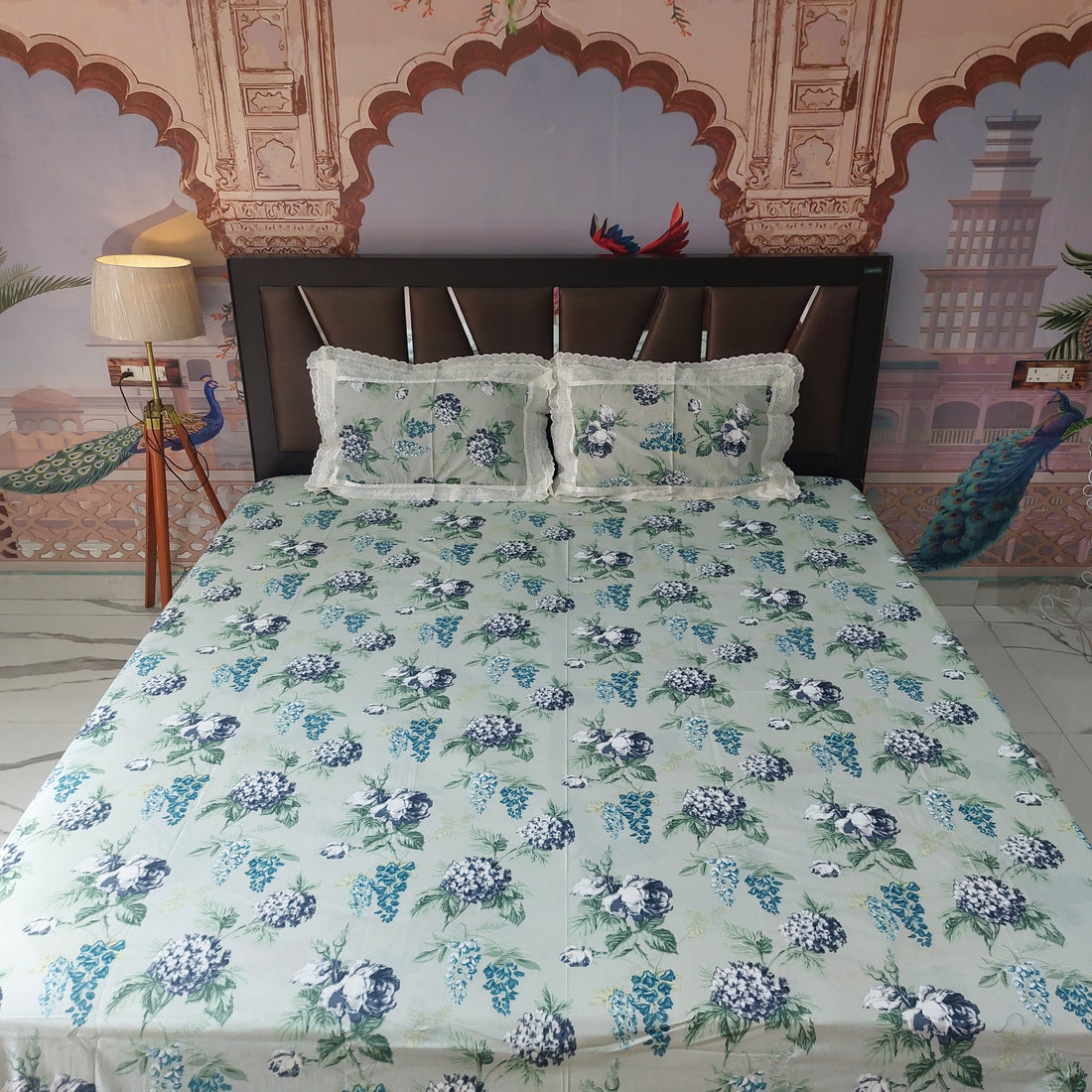 Blue Bouquet - Lace Designed Pure Cotton Bedsheet Set