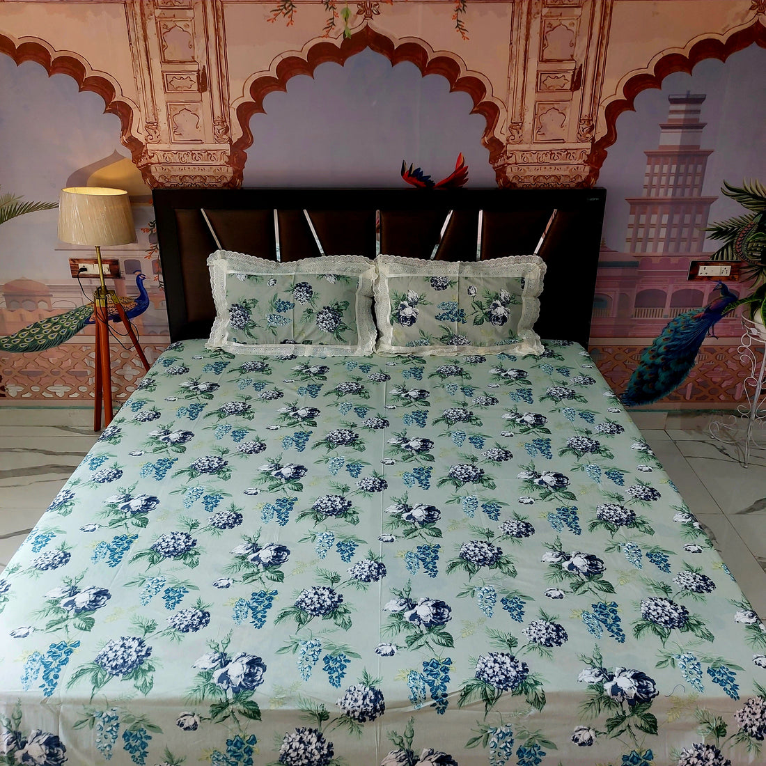 Blue Bouquet - Lace Designed Pure Cotton Bedsheet Set