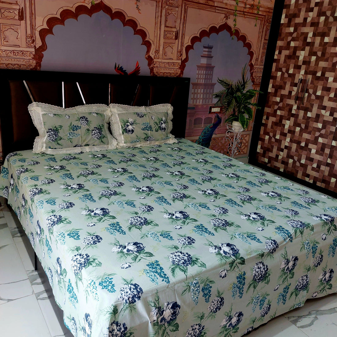 Blue Bouquet - Lace Designed Pure Cotton Bedsheet Set