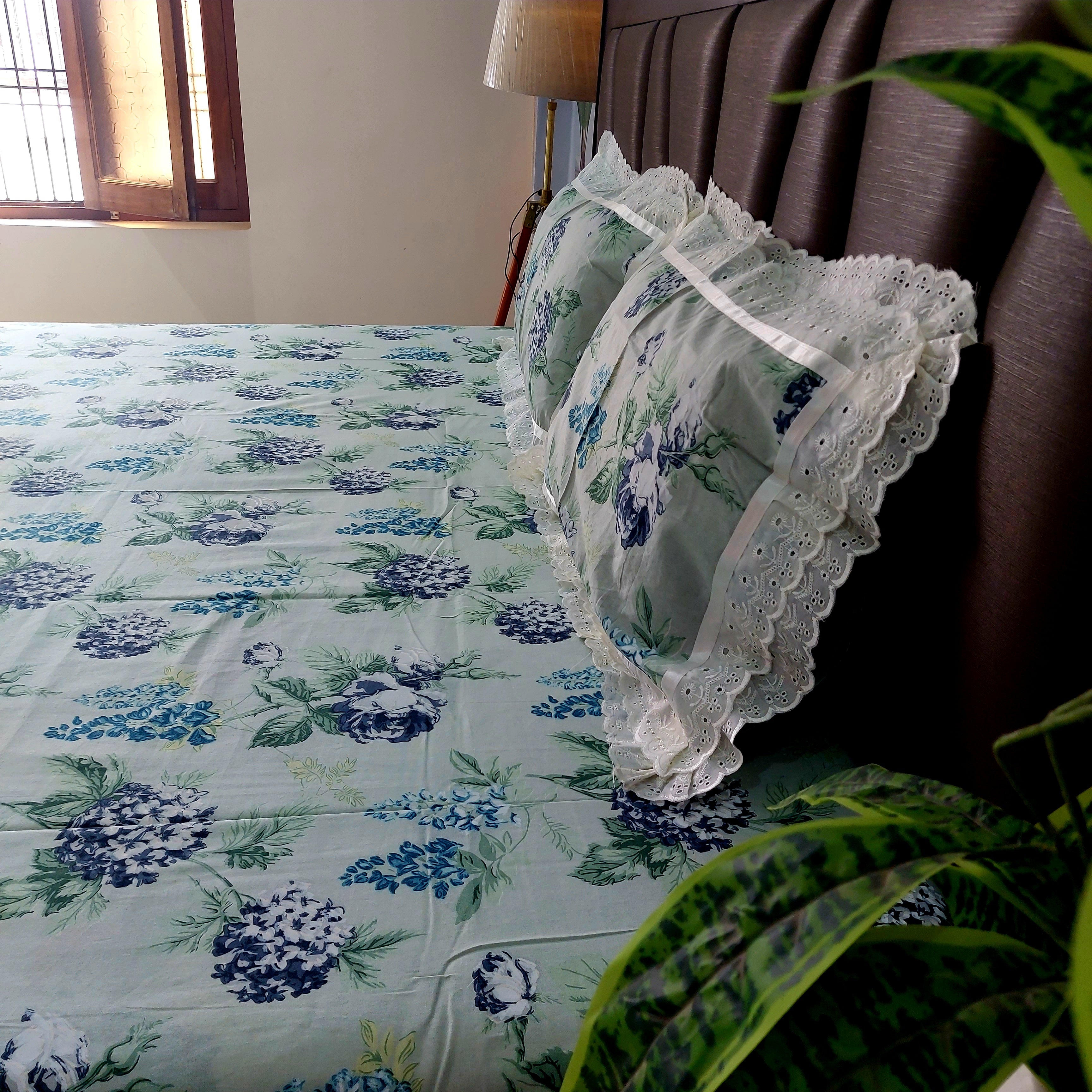 Blue Bouquet - Lace Designed Pure Cotton Bedsheet Set