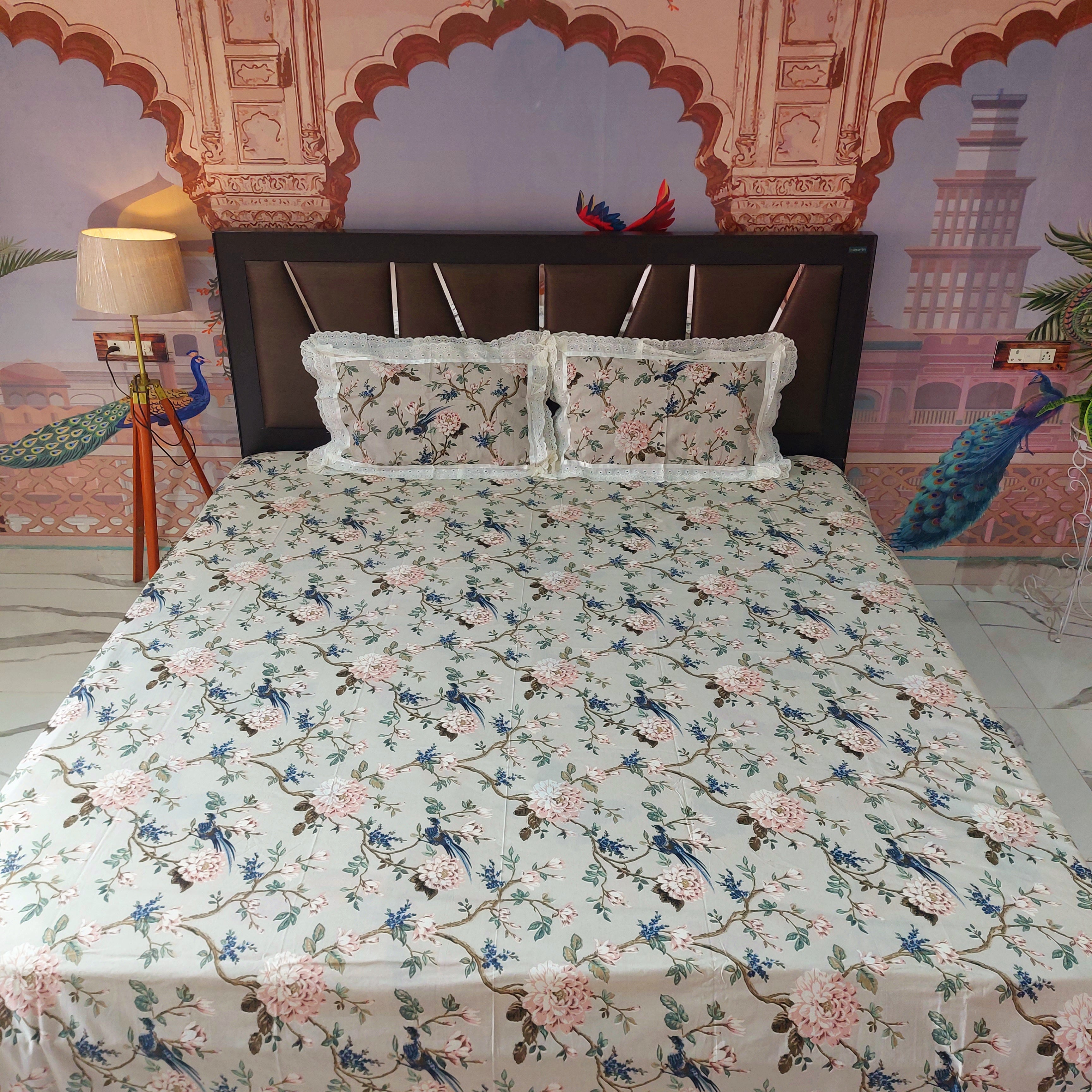 Birds Serenity - Lace Designed Pure Cotton Bedsheet Set