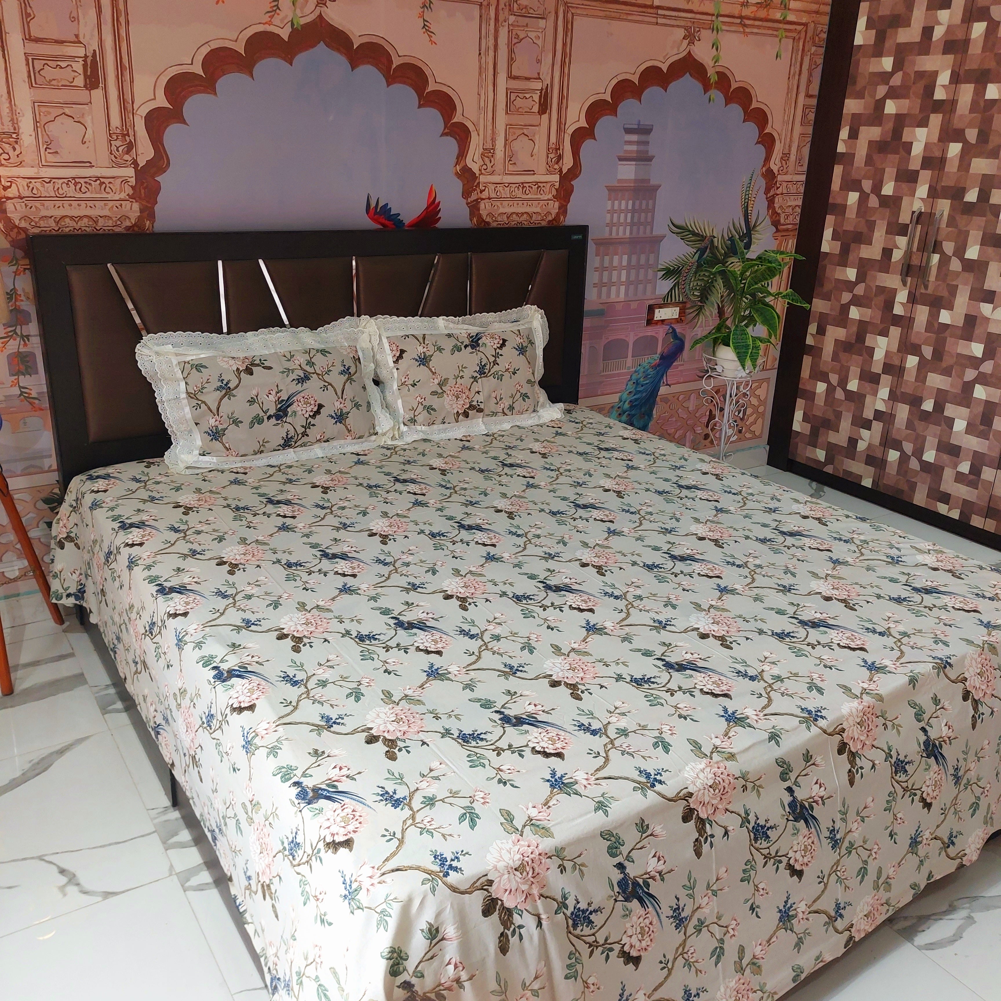 Birds Serenity - Lace Designed Pure Cotton Bedsheet Set