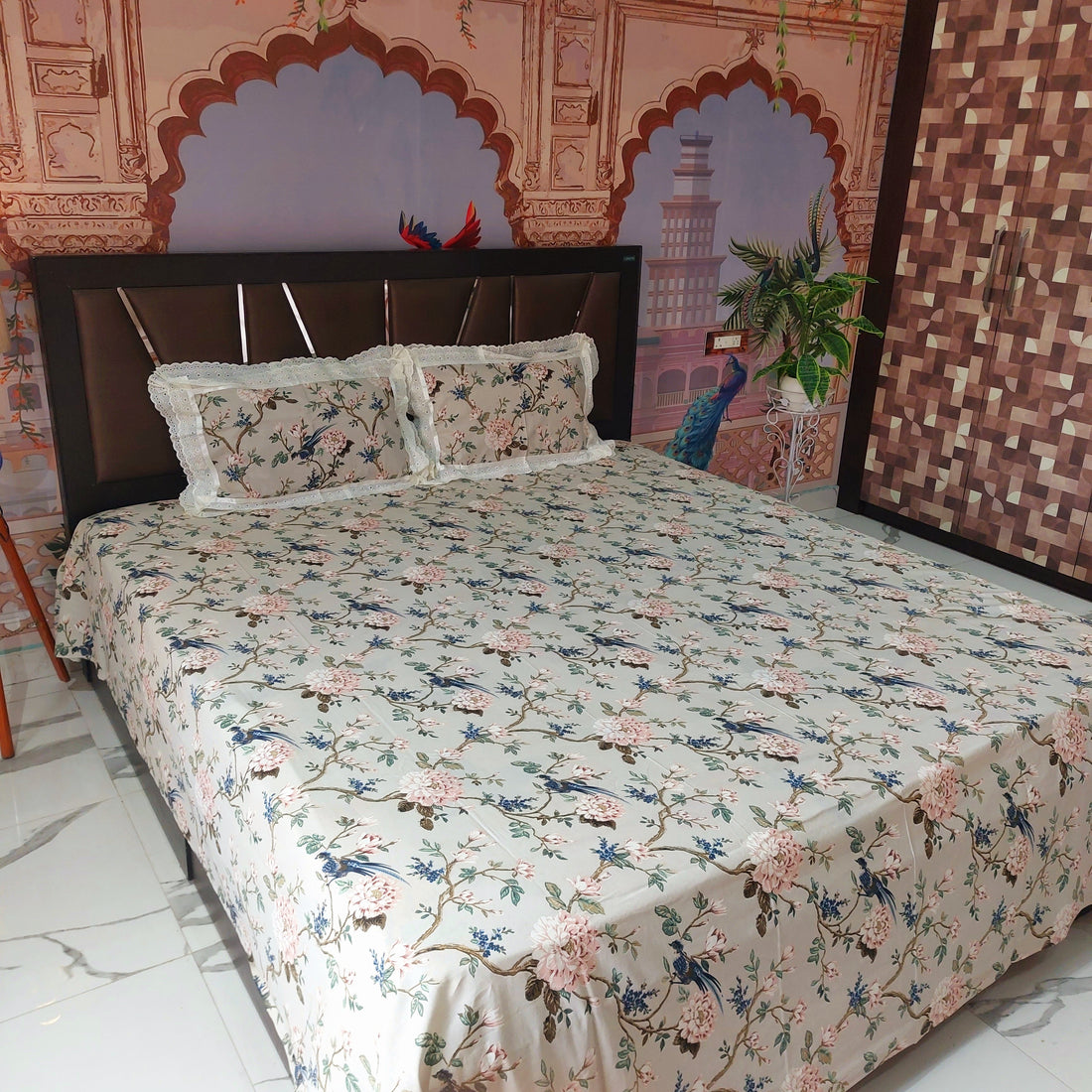 Birds Serenity - Lace Designed Pure Cotton Bedsheet Set