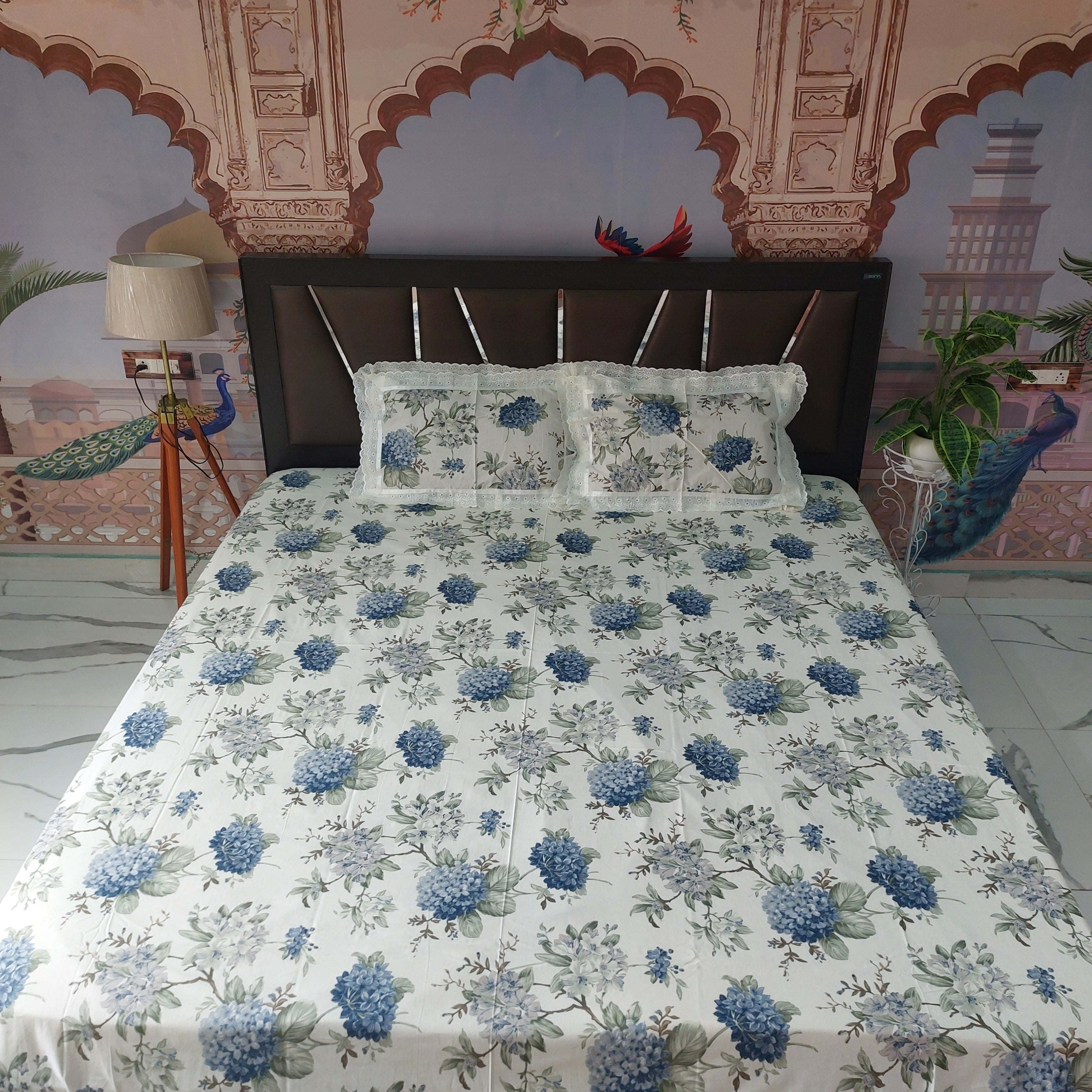 Blue Bloom - Lace Designed Pure Cotton Bedsheet Set