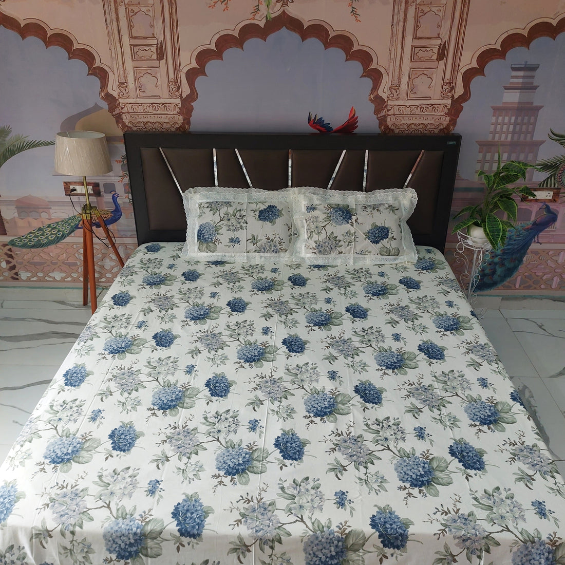 Blue Bloom - Lace Designed Pure Cotton Bedsheet Set