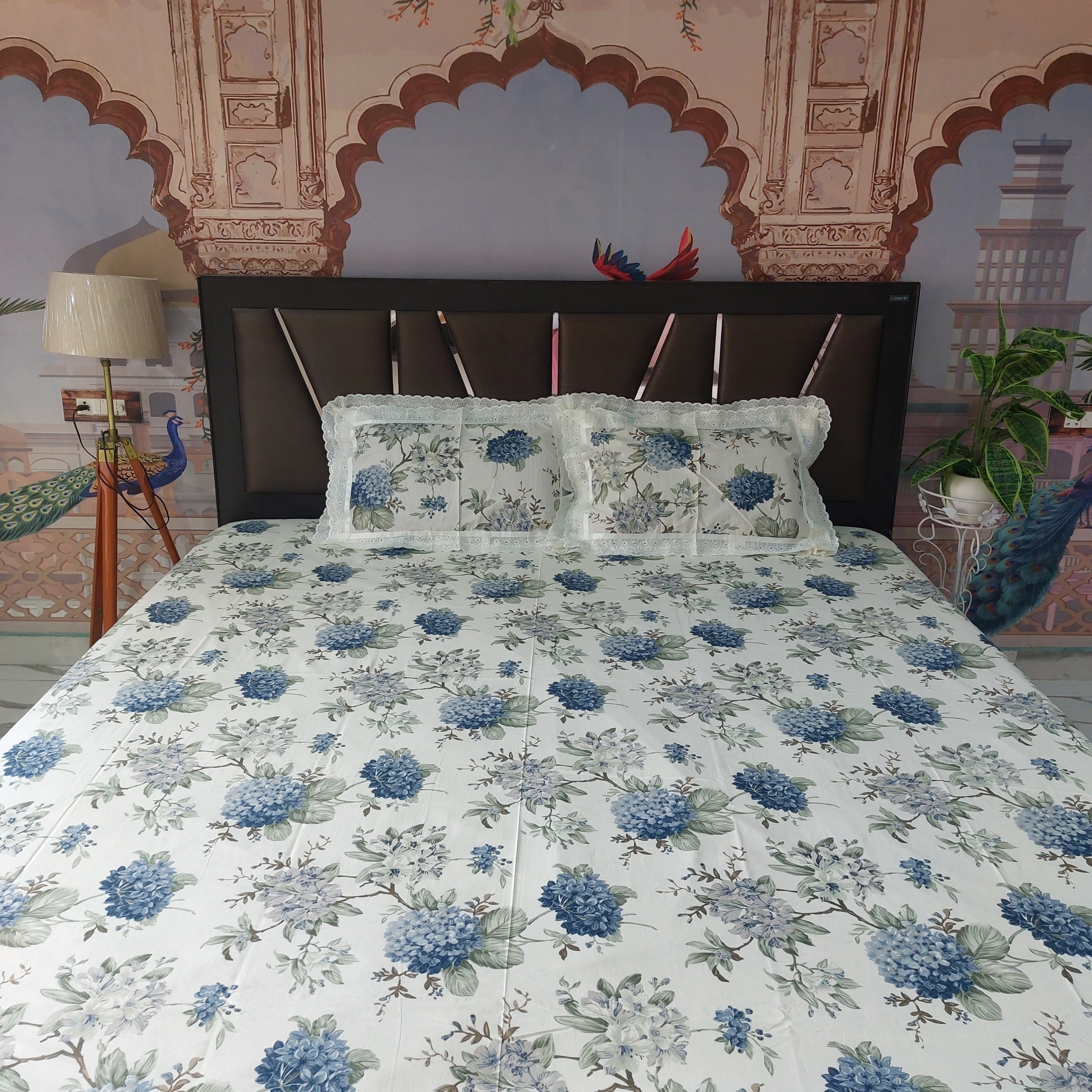Blue Bloom - Lace Designed Pure Cotton Bedsheet Set