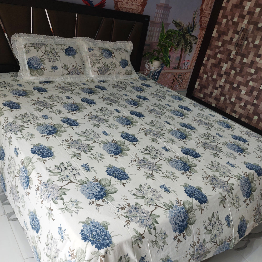 Blue Bloom - Lace Designed Pure Cotton Bedsheet Set