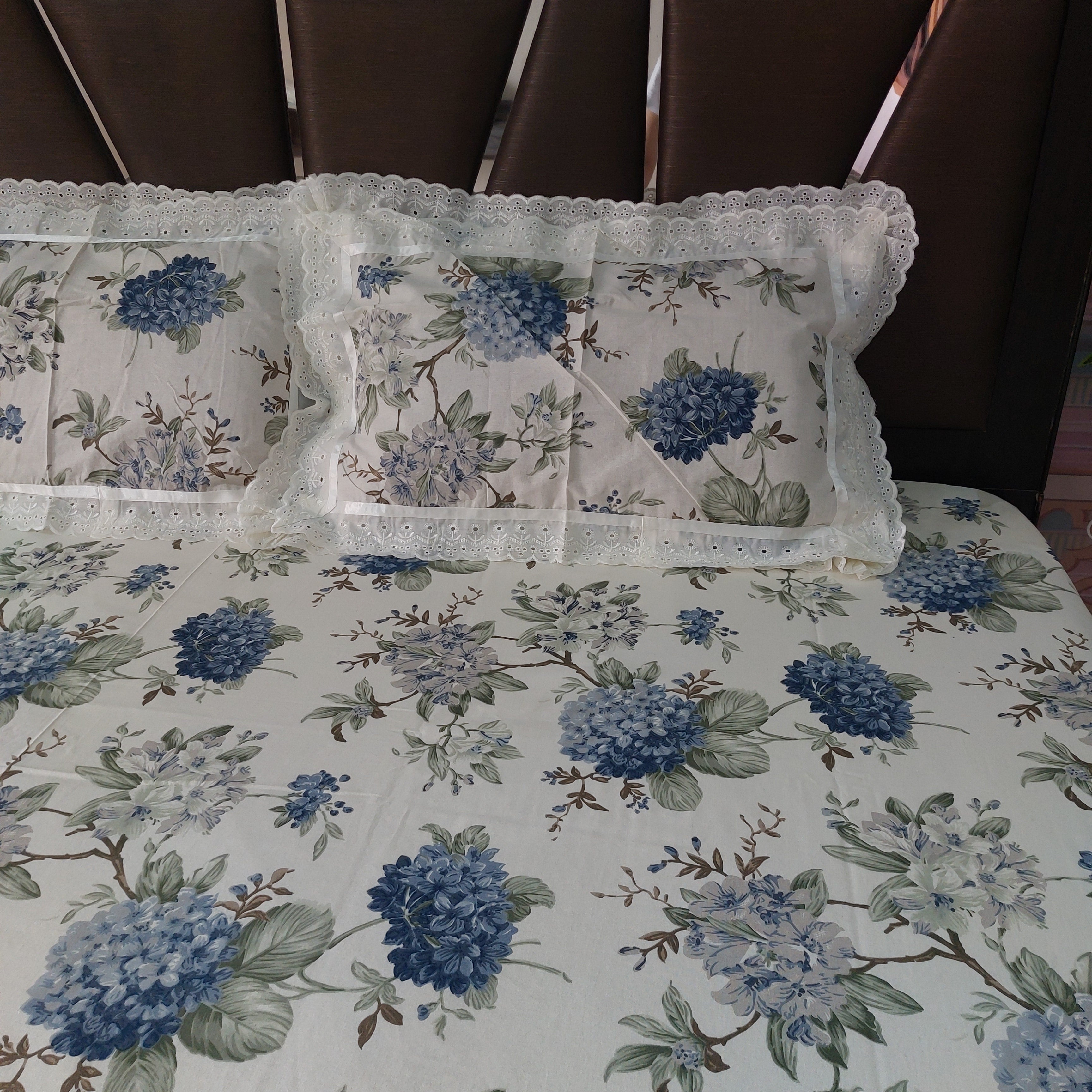 Blue Bloom - Lace Designed Pure Cotton Bedsheet Set
