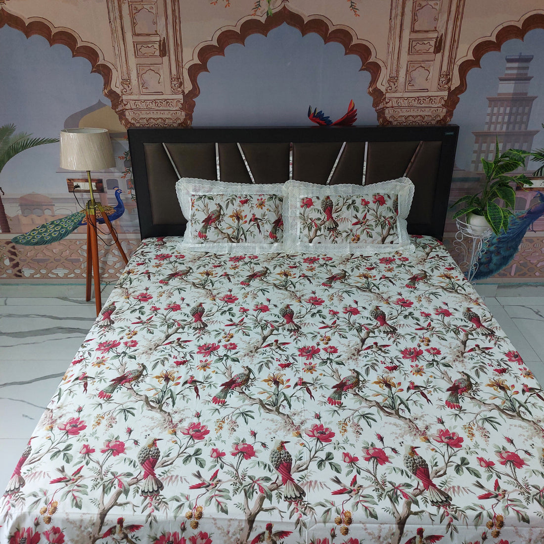 Red Bird - Lace Designed Pure Cotton Bedsheet Set