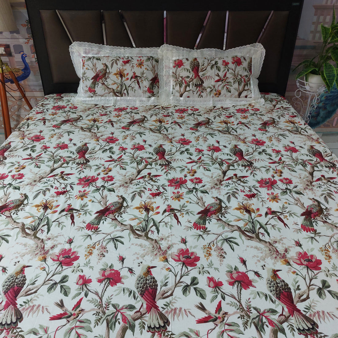 Red Bird - Lace Designed Pure Cotton Bedsheet Set