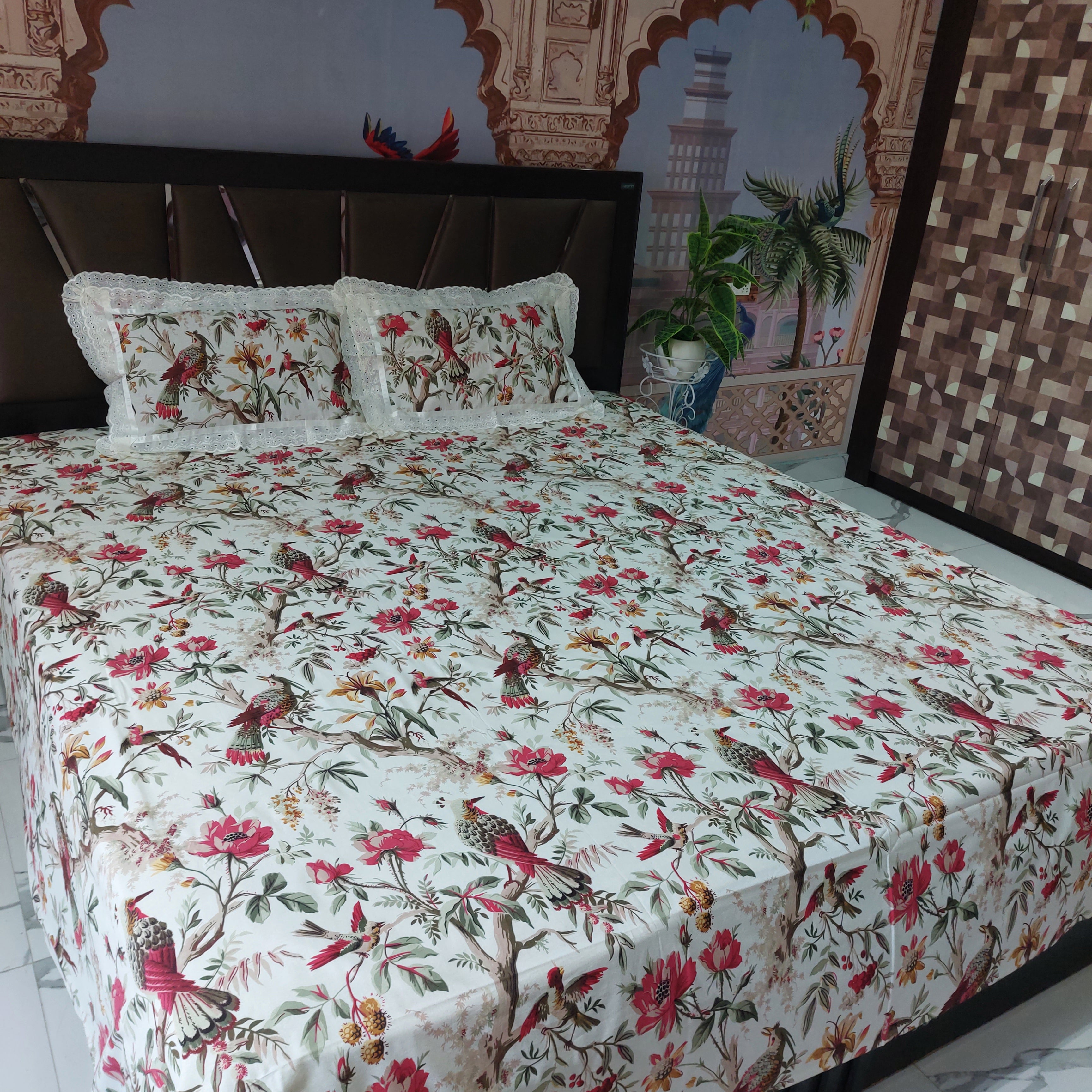 Red Bird - Lace Designed Pure Cotton Bedsheet Set