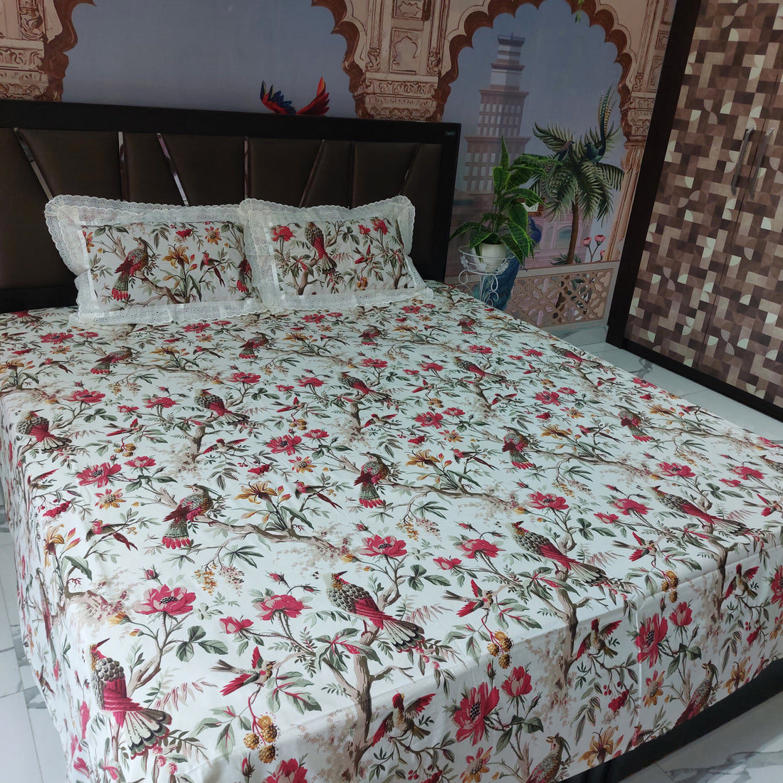 Red Bird - Lace Designed Pure Cotton Bedsheet Set
