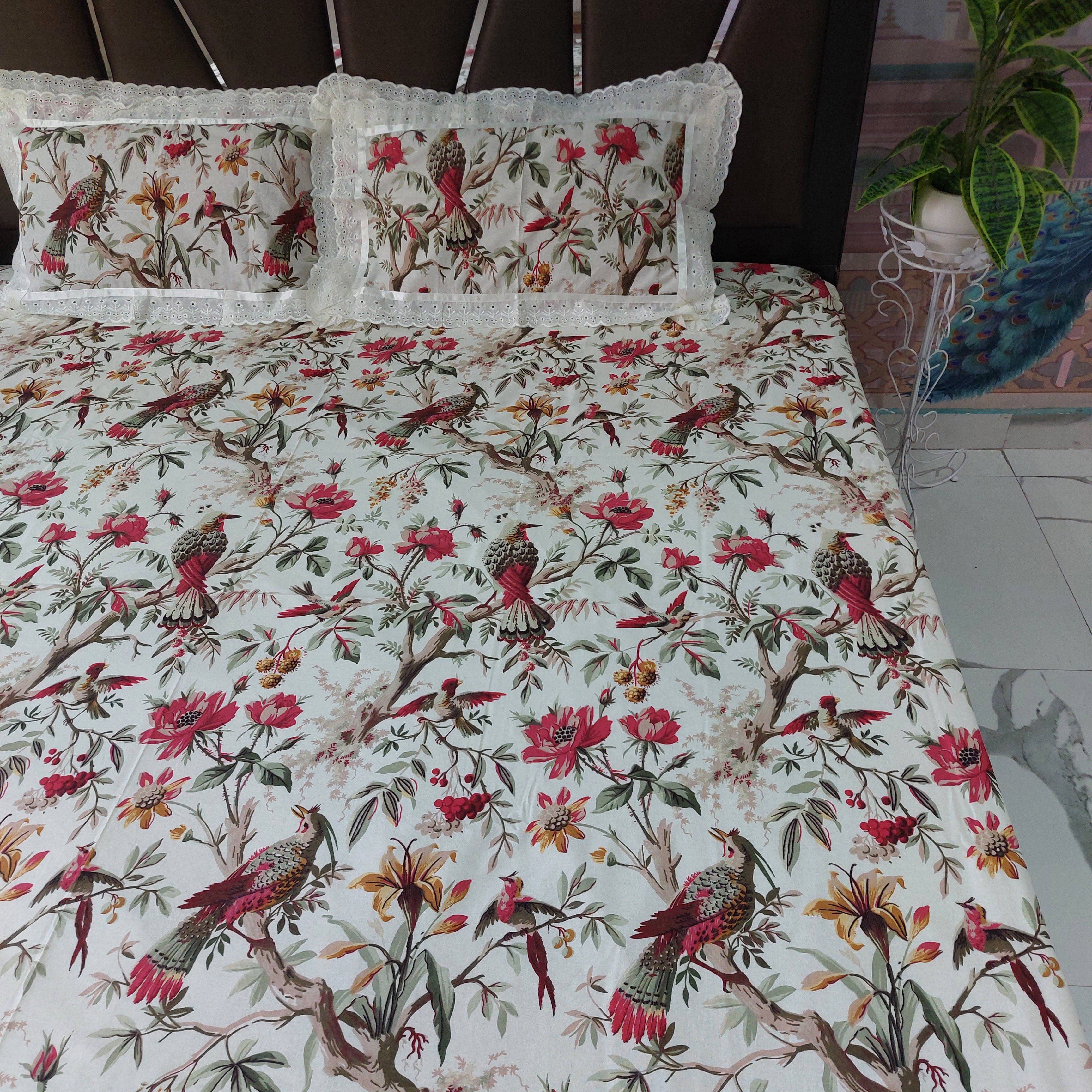 Red Bird - Lace Designed Pure Cotton Bedsheet Set
