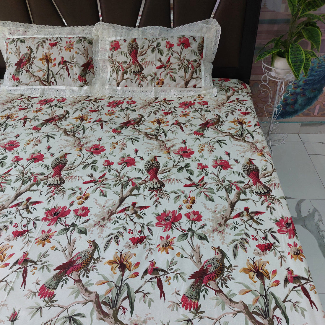 Red Bird - Lace Designed Pure Cotton Bedsheet Set