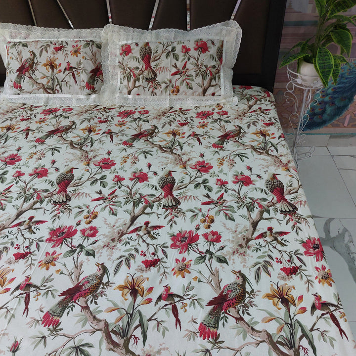 Red Bird - Lace Designed Pure Cotton Bedsheet Set