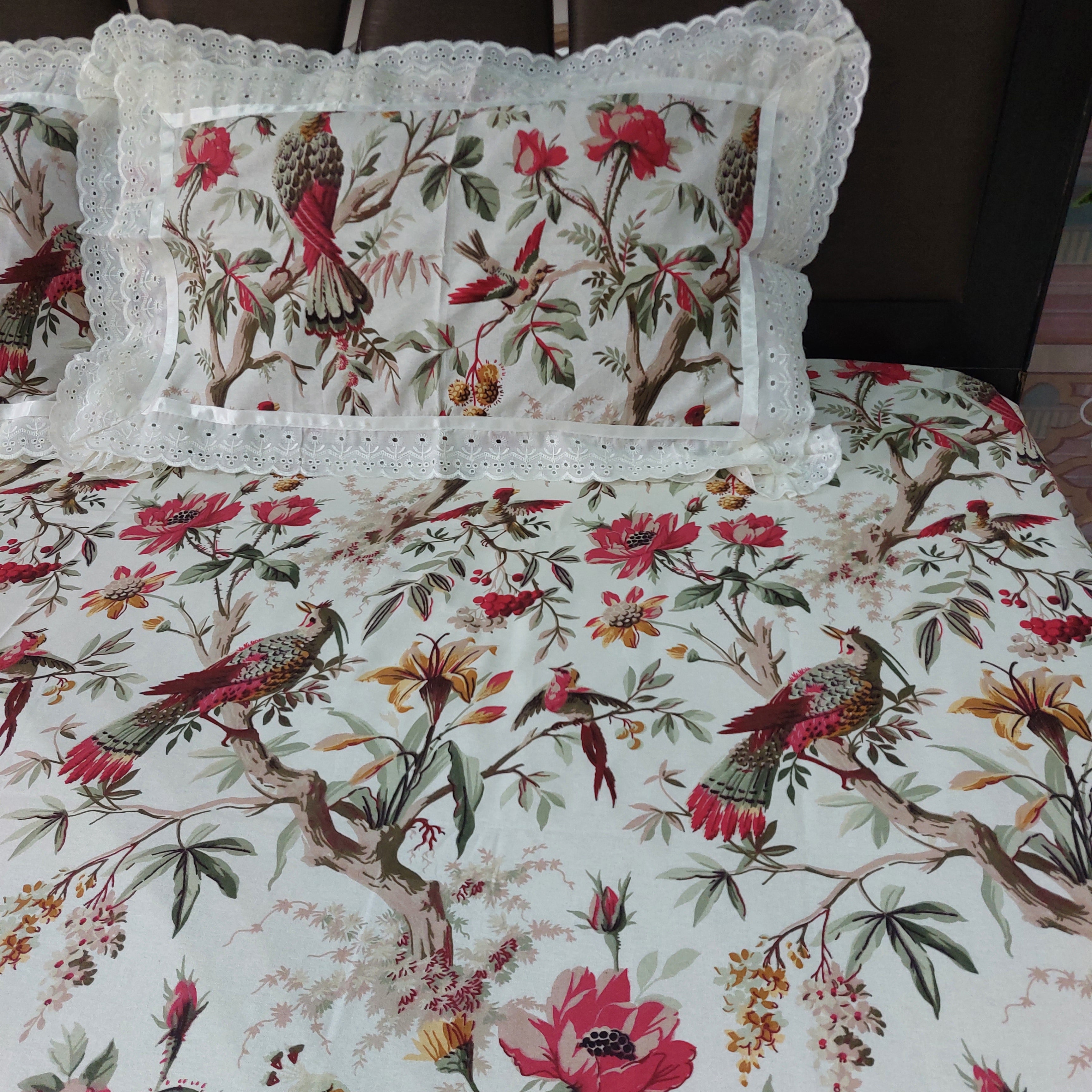 Red Bird - Lace Designed Pure Cotton Bedsheet Set