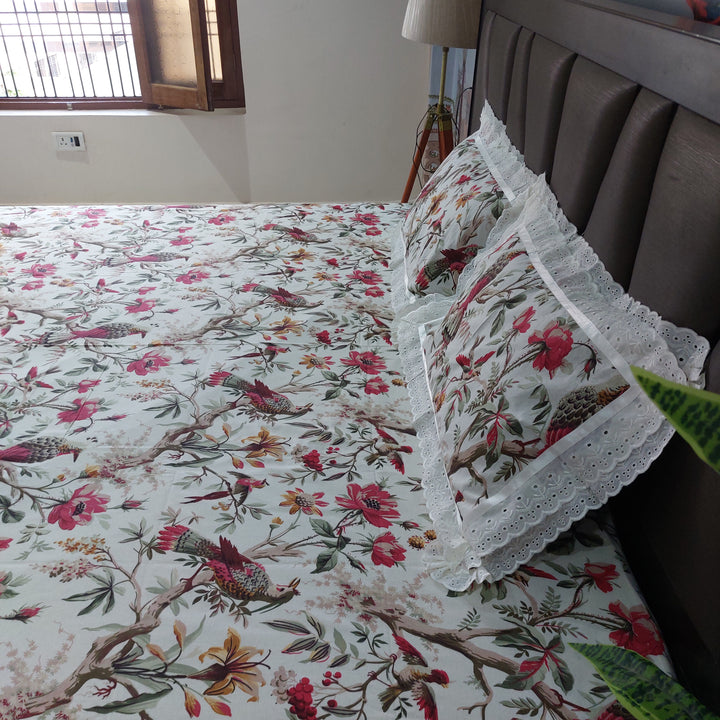 Red Bird - Lace Designed Pure Cotton Bedsheet Set