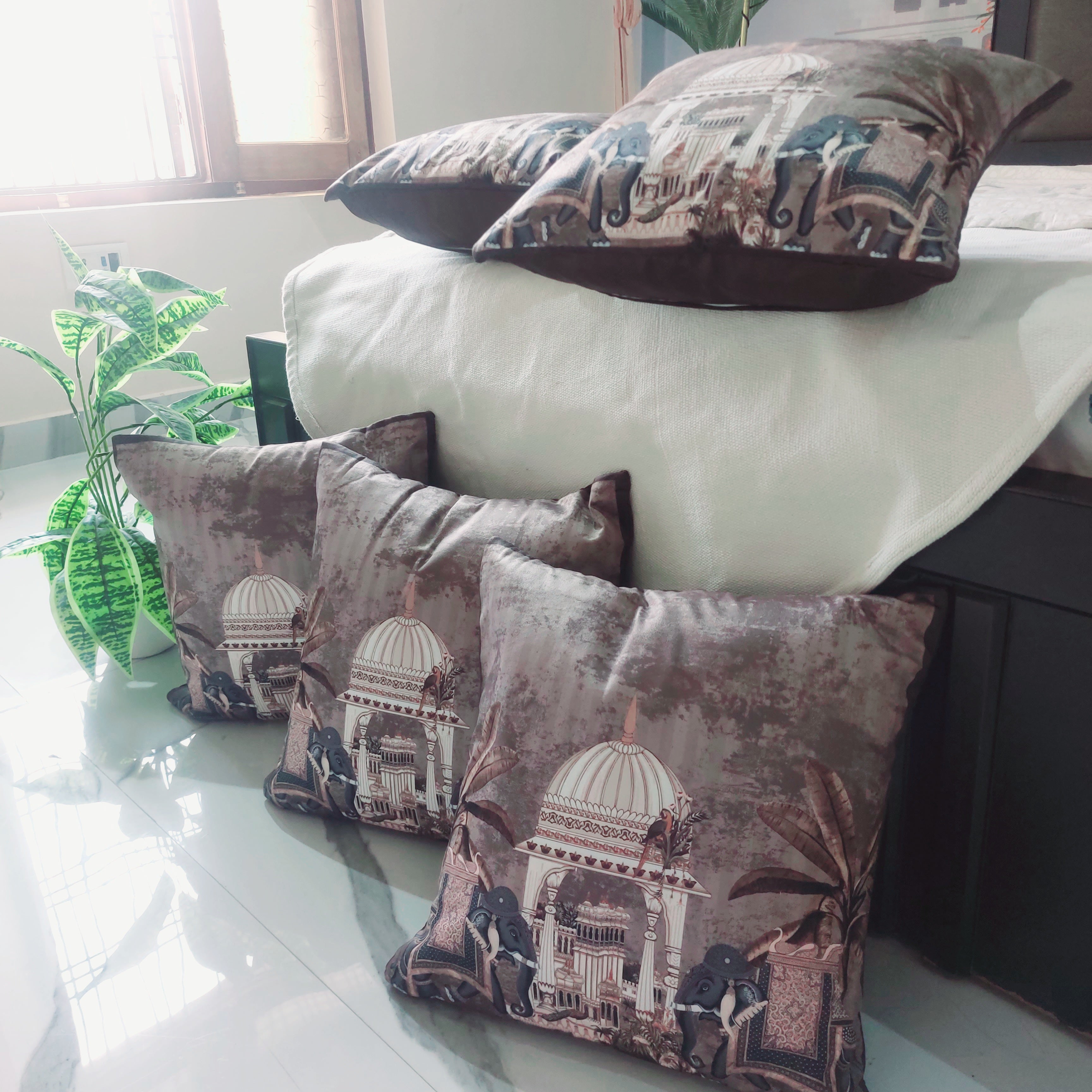 Brown Royal Elephants - Set of 5 Seude Cushion Covers