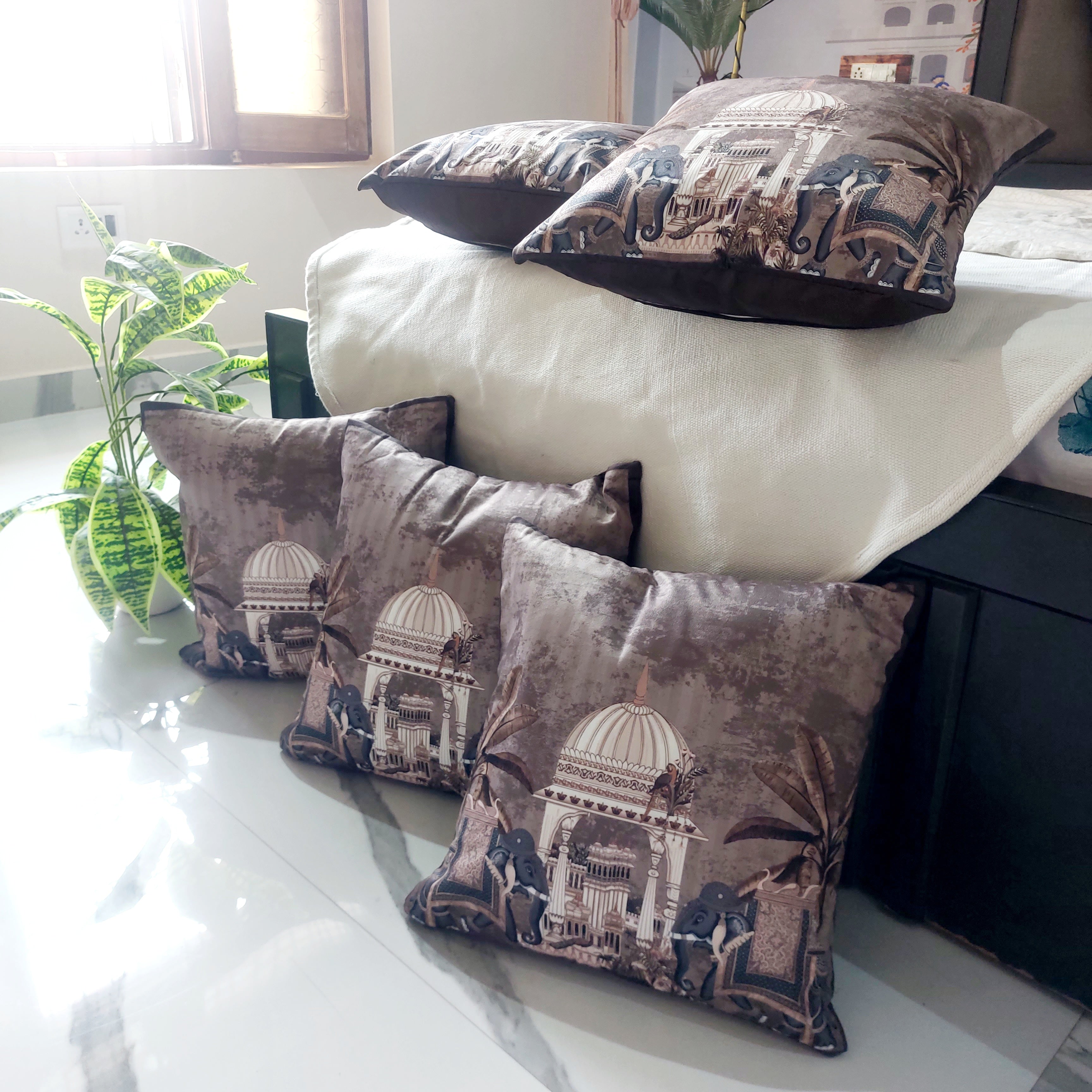 Brown Royal Elephants - Set of 5 Seude Cushion Covers