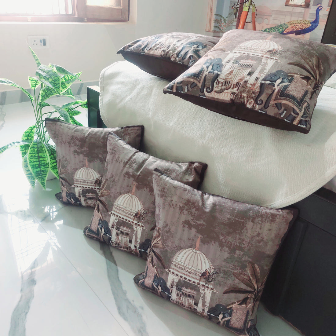 Brown Royal Elephants - Set of 5 Seude Cushion Covers