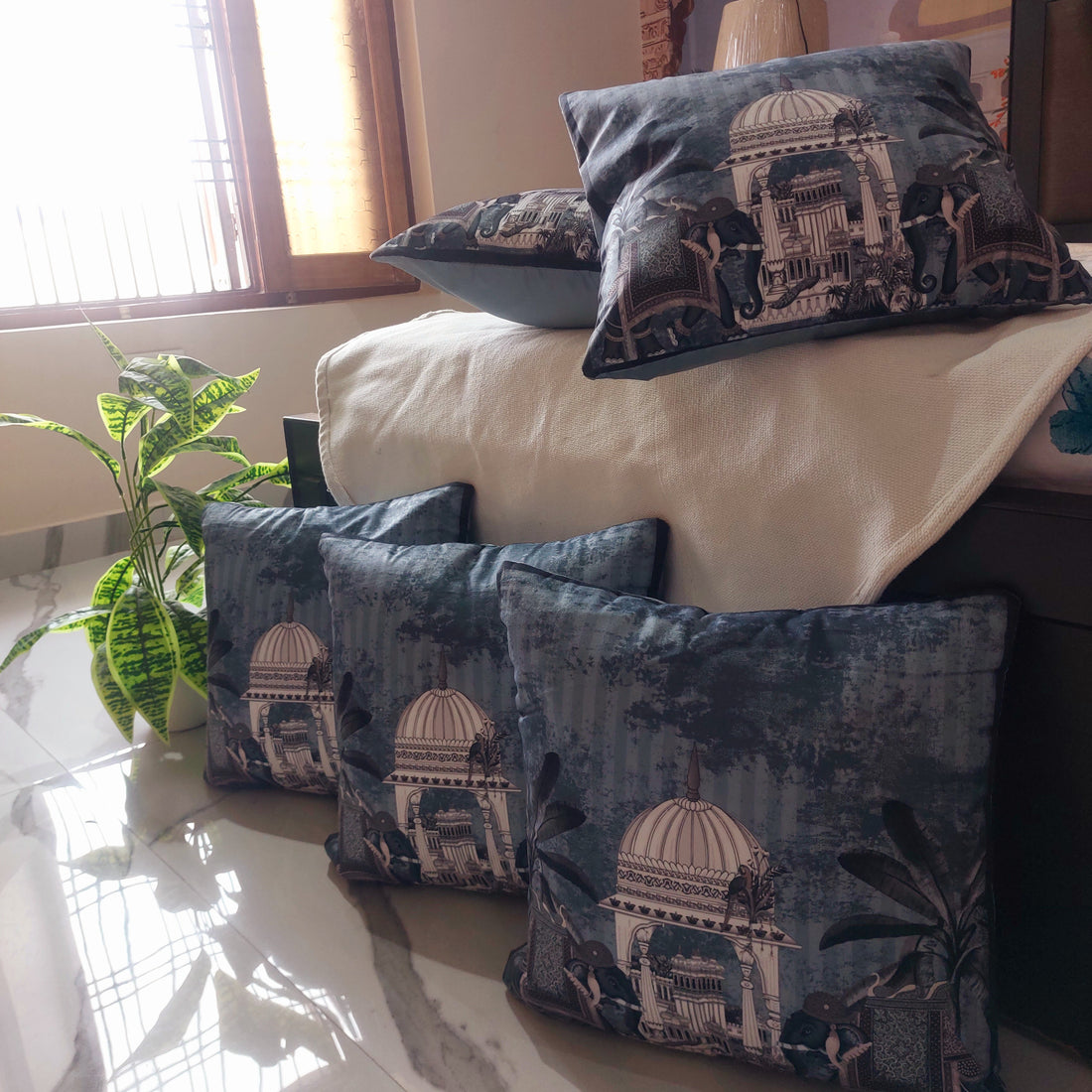 Grey Royal Elephants - Set of 5 Seude Cushion Covers