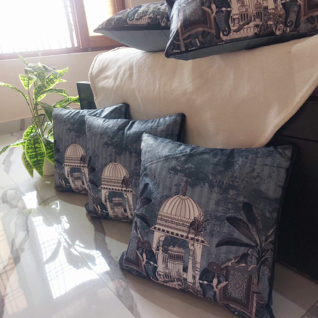 Grey Royal Elephants - Set of 5 Seude Cushion Covers