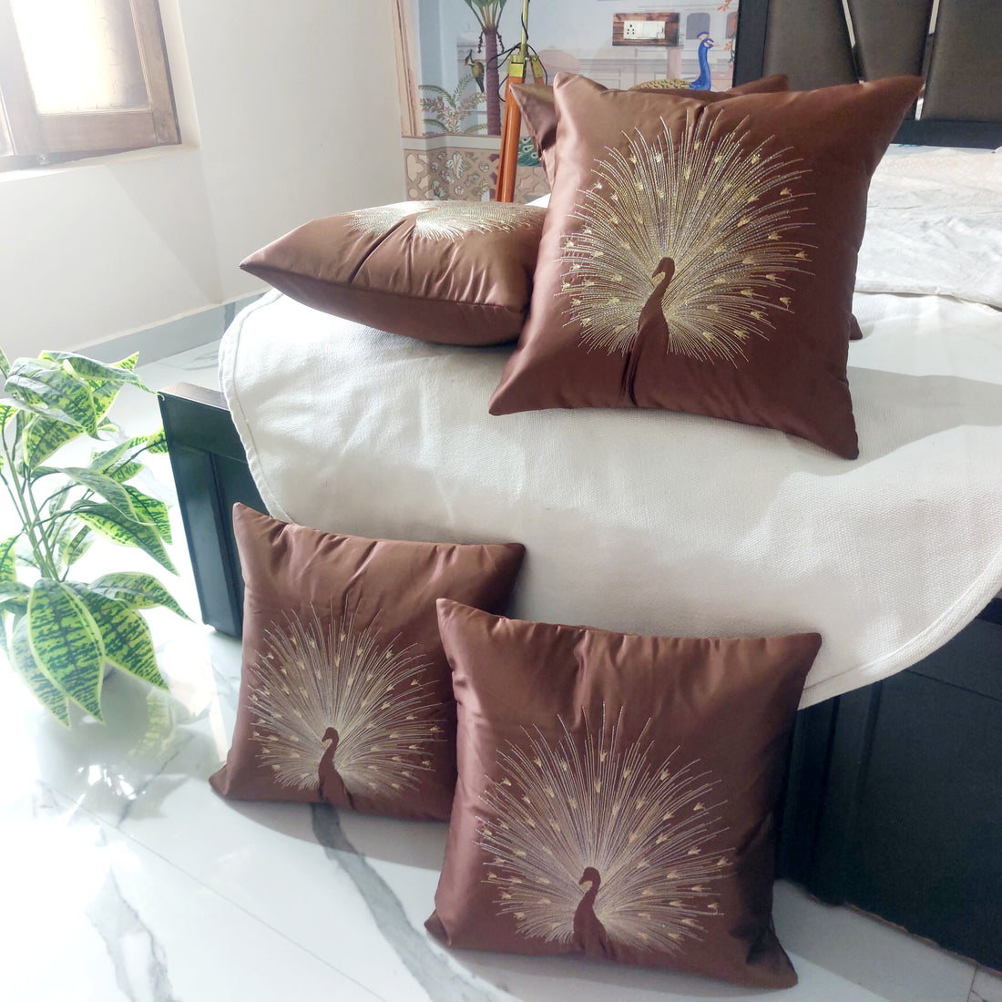 Peacock Embroidered Luxury satin - Set of 5 Cushion Covers
