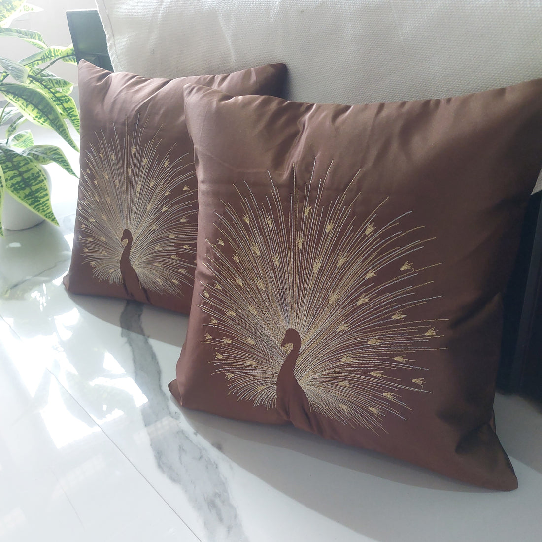 Peacock Embroidered Luxury satin - Set of 5 Cushion Covers