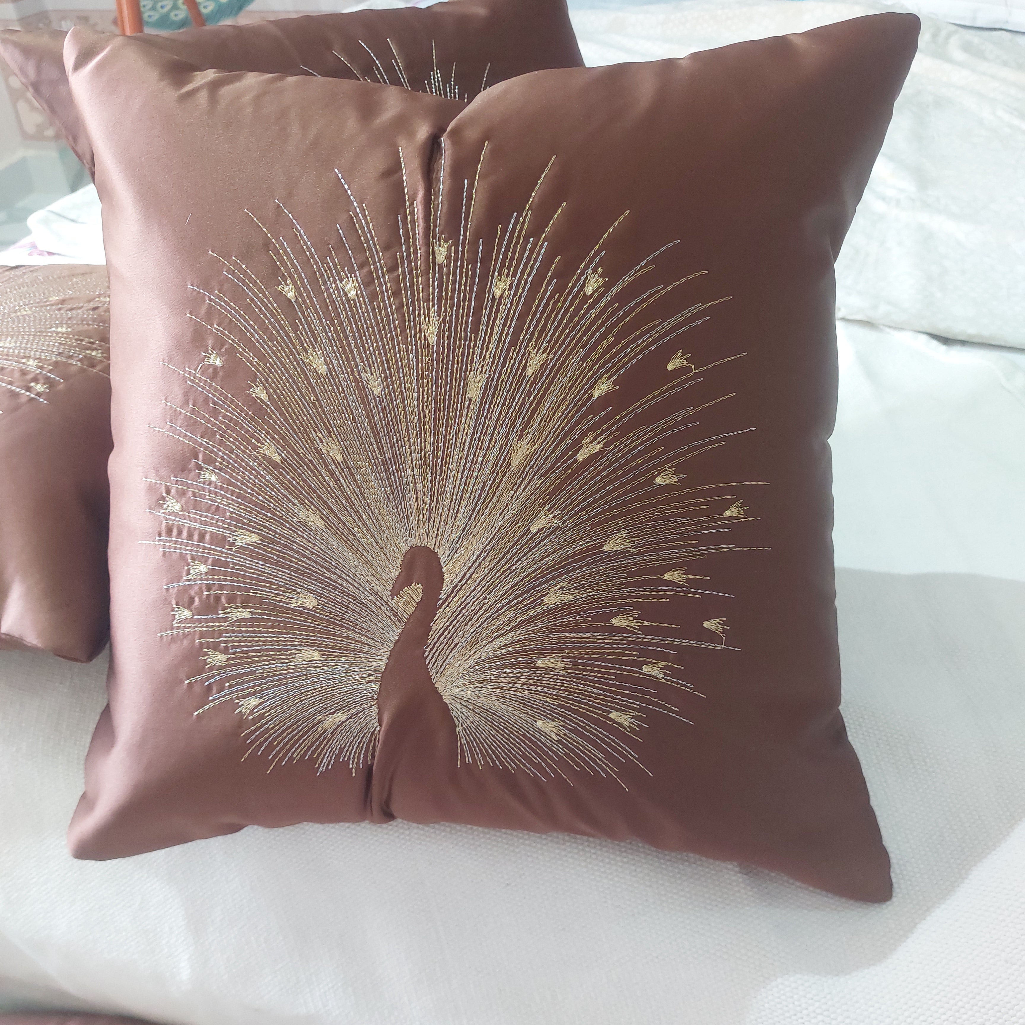 Peacock Embroidered Luxury satin - Set of 5 Cushion Covers