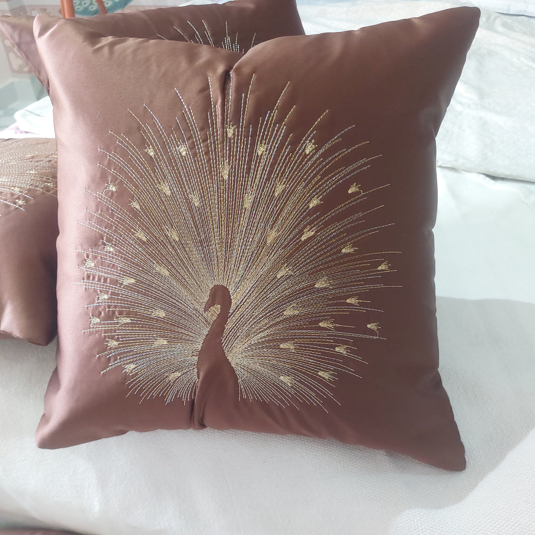 Peacock Embroidered Luxury satin - Set of 5 Cushion Covers