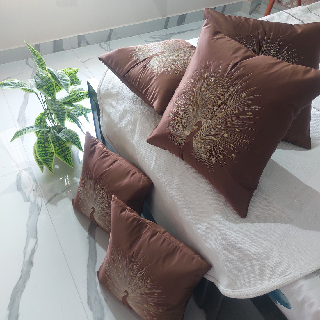 Peacock Embroidered Luxury satin - Set of 5 Cushion Covers