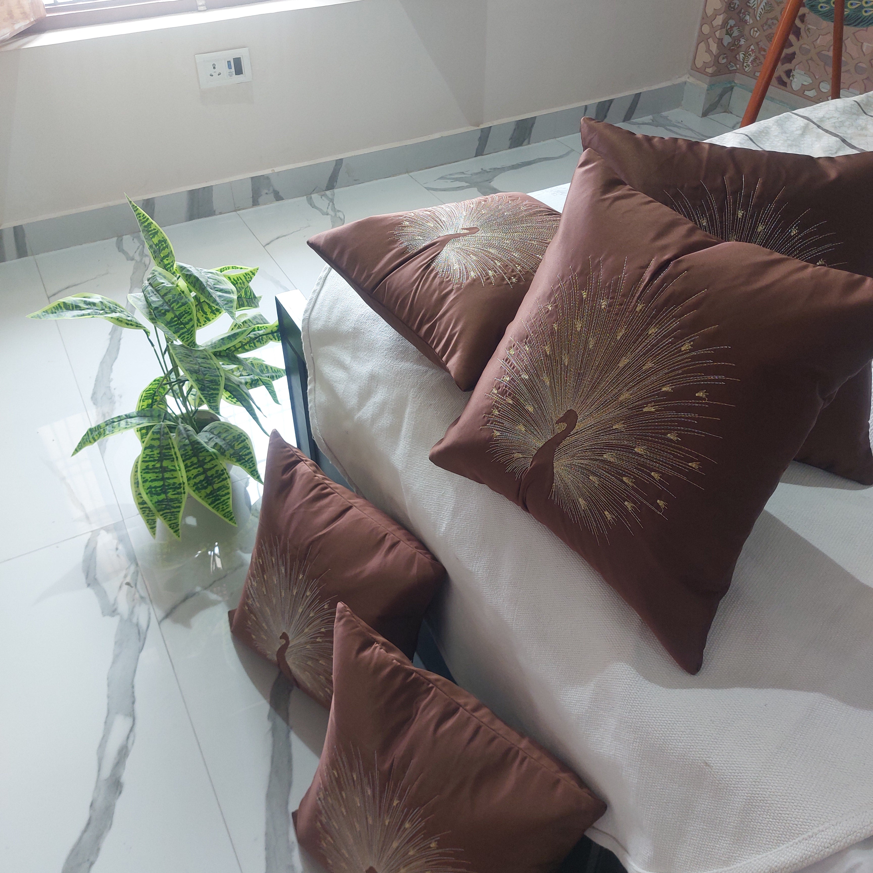 Peacock Embroidered Luxury satin - Set of 5 Cushion Covers